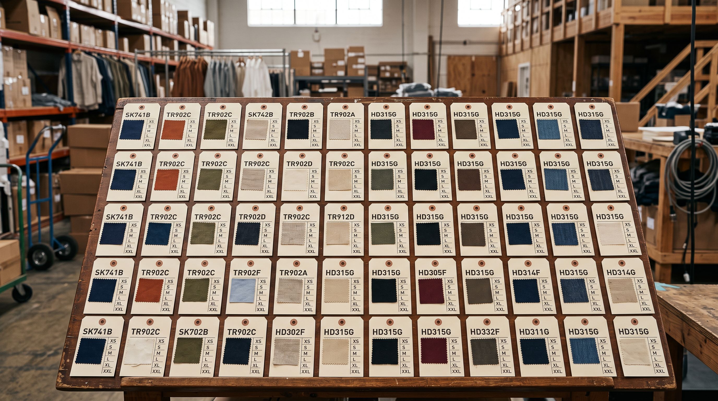 Organised product data cards showing colour swatches, size labels, and product code tags on a warehouse processing table.