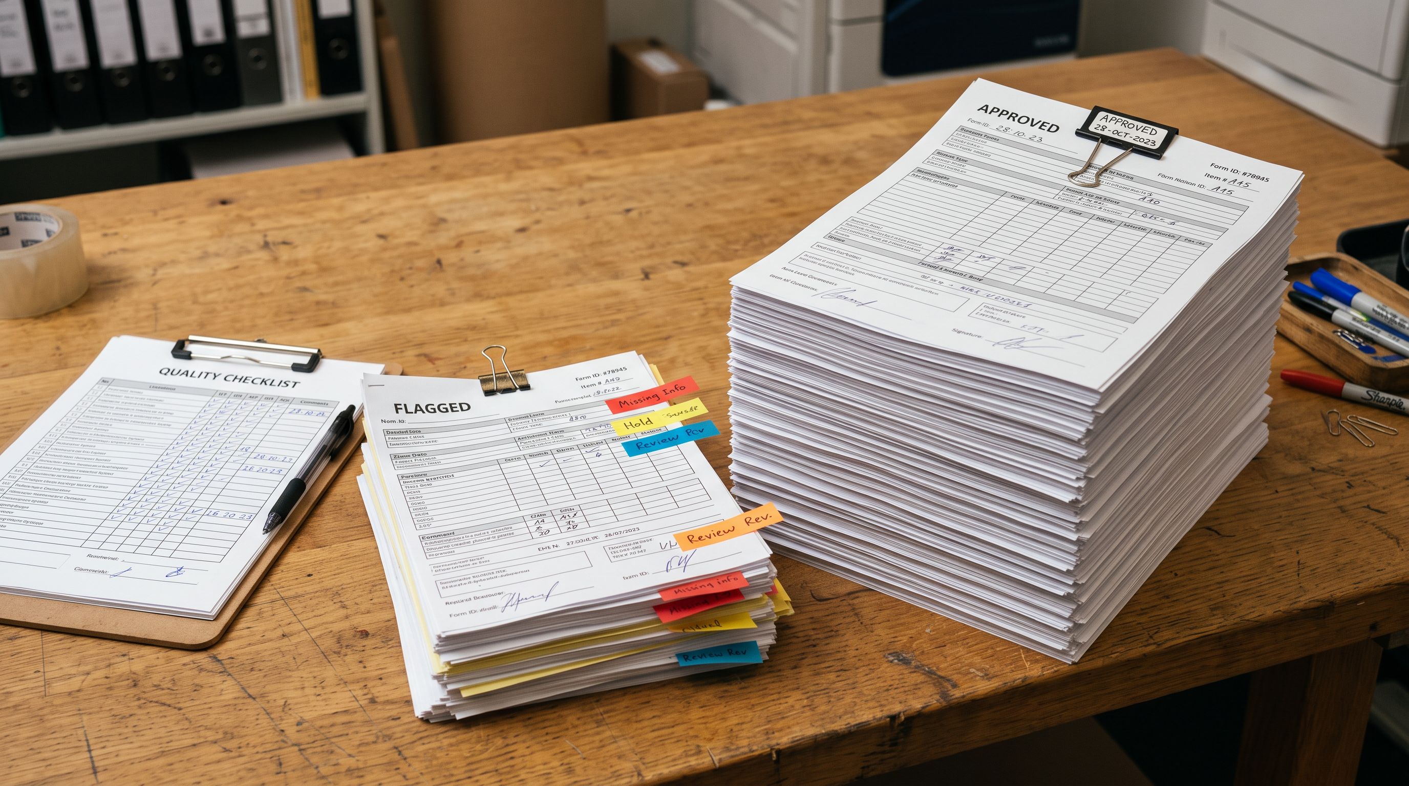 Product forms sorted into flagged and approved piles on a commercial workspace table beside a checklist clipboard.