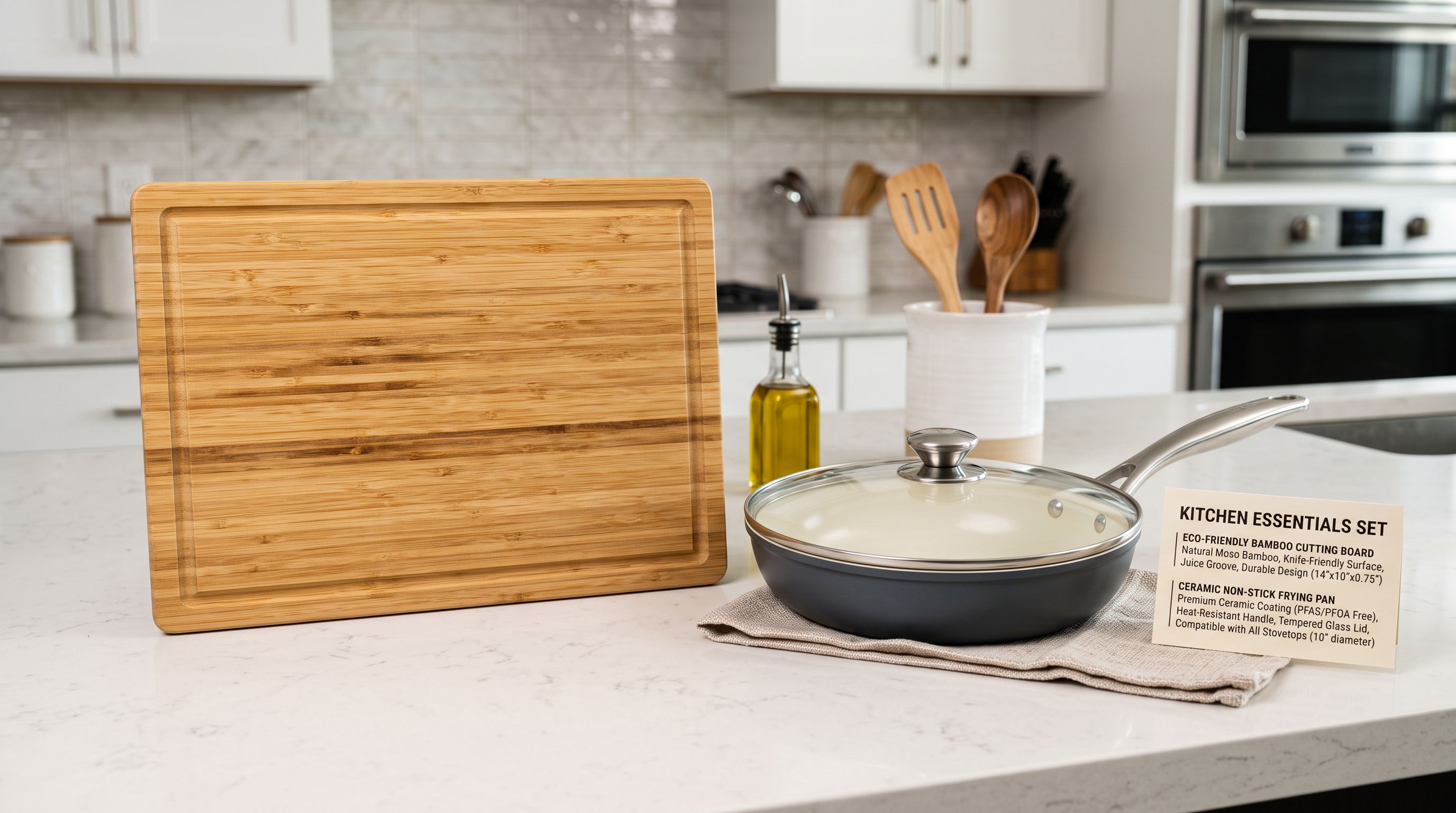 Bamboo cutting board and ceramic non-stick frying pan on a clean kitchen counter beside a printed product description card.