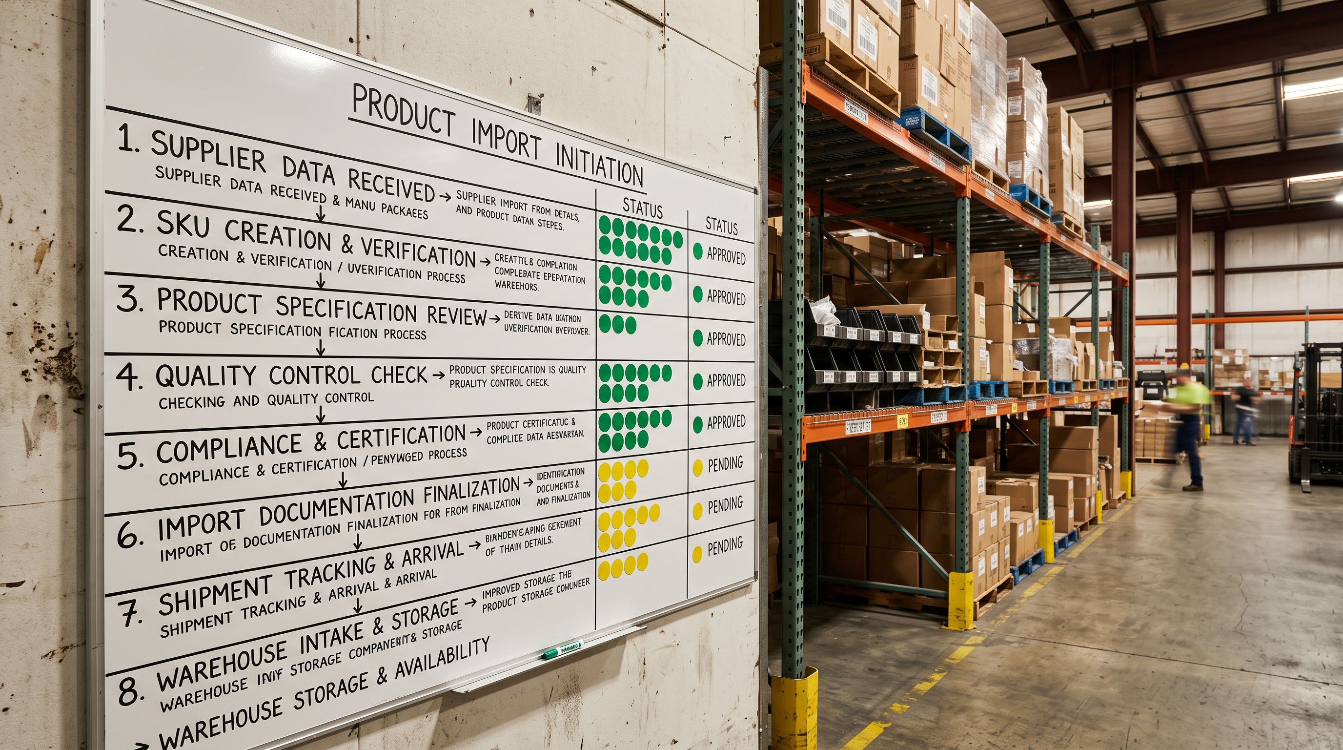 Fulfilment workflow board with import process steps and coloured approval markers on a commercial warehouse wall.
