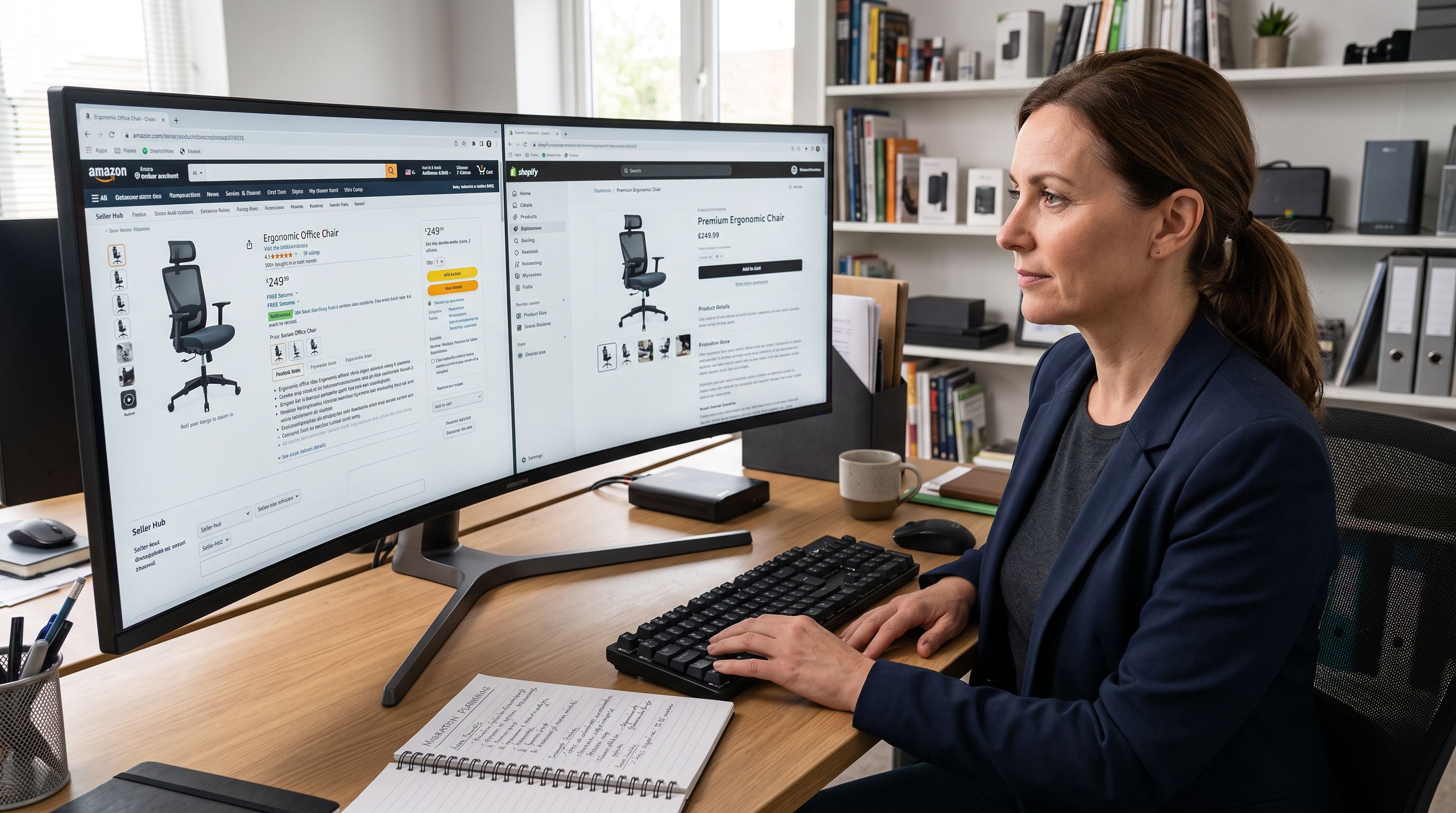 Online retailer at a desk reviewing a split screen showing an Amazon product listing on one side and a Shopify product page on the other, with a notebook of migration notes beside the keyboard