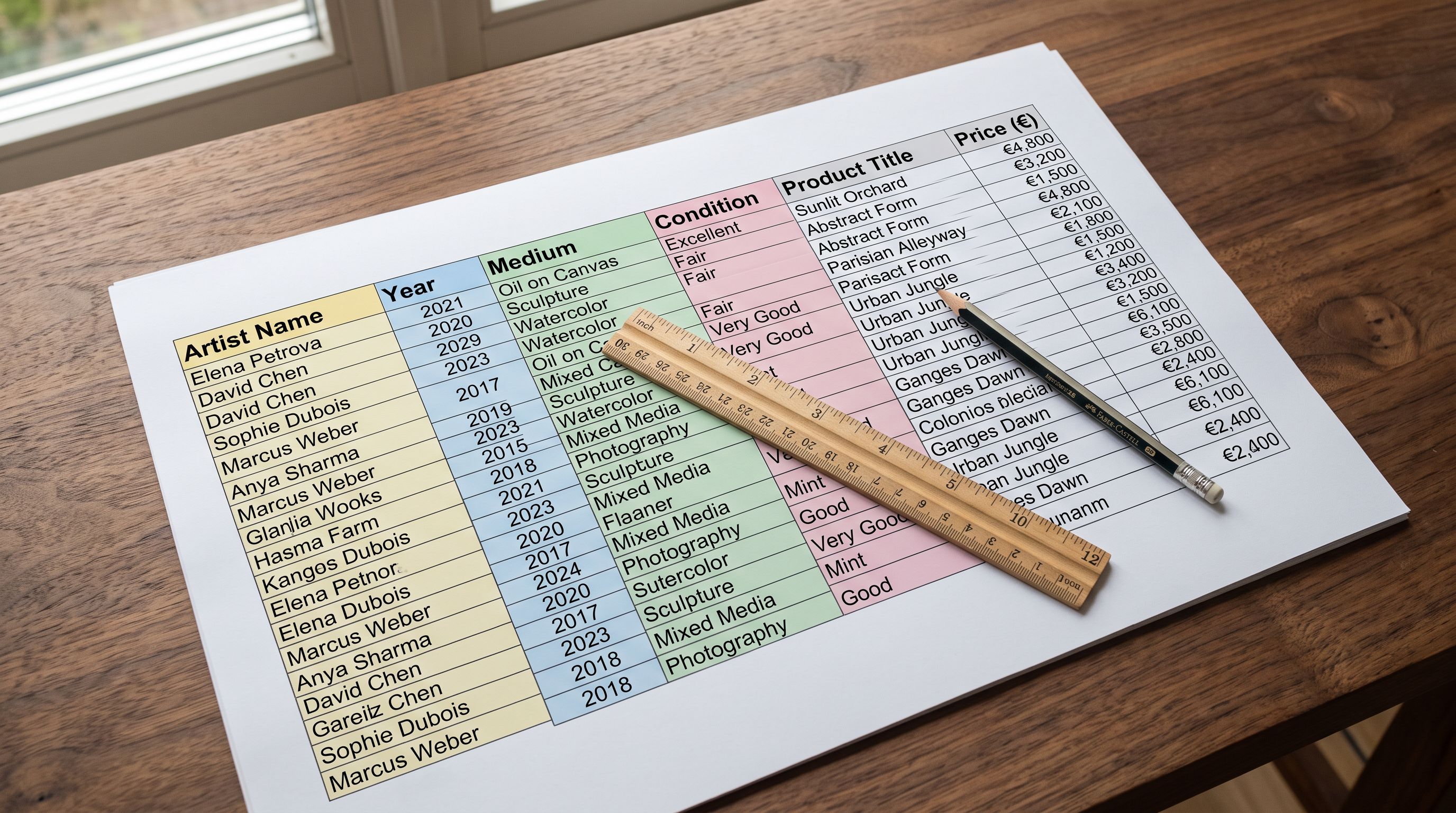 A wide spreadsheet printout on a desk with highlighted columns for artist, year, medium, and condition beside product title and price.