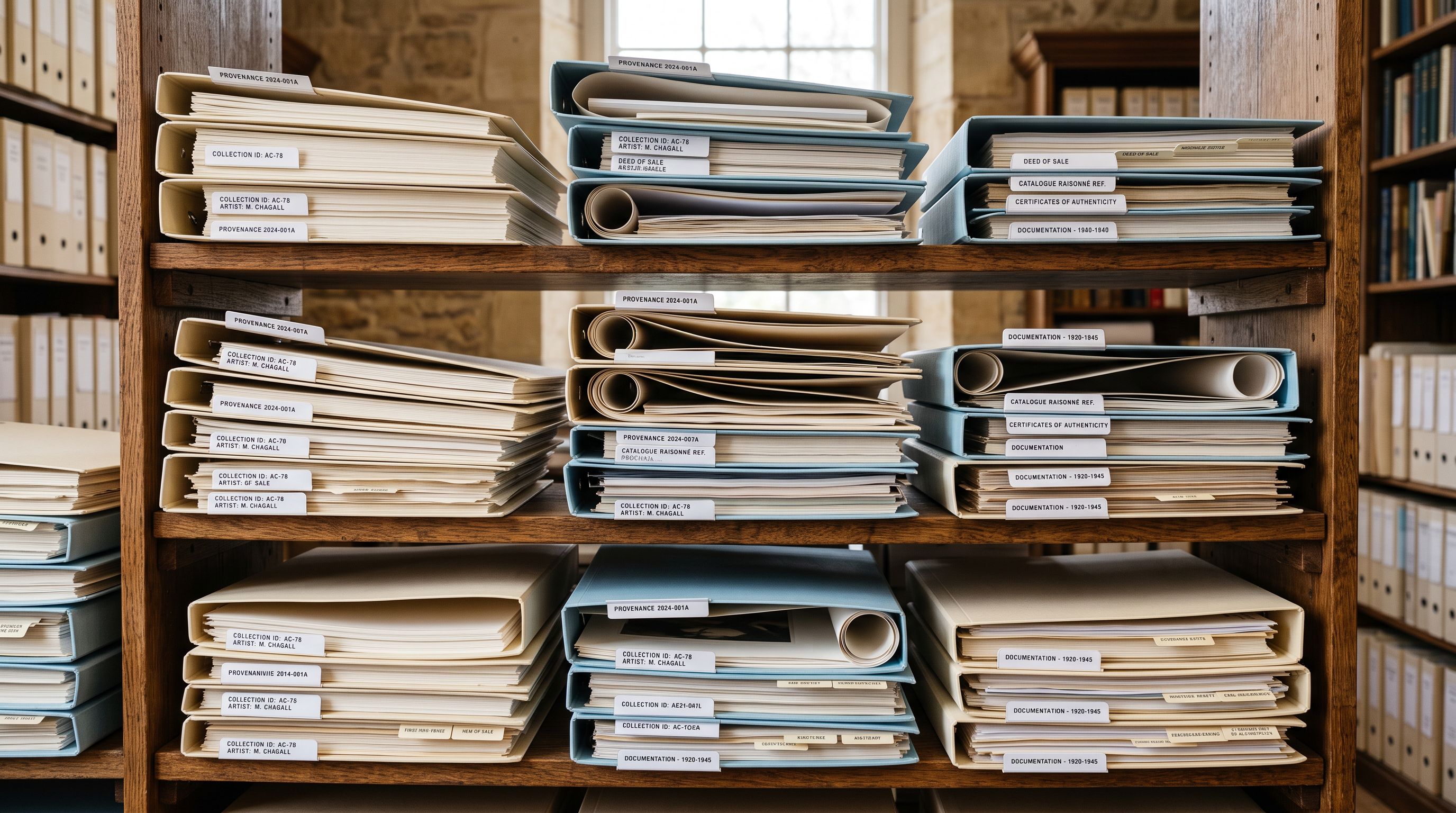 Stacked archival folders in cream and pale blue on a wooden shelf containing rolled canvases and flat prints with visible edge tabs.