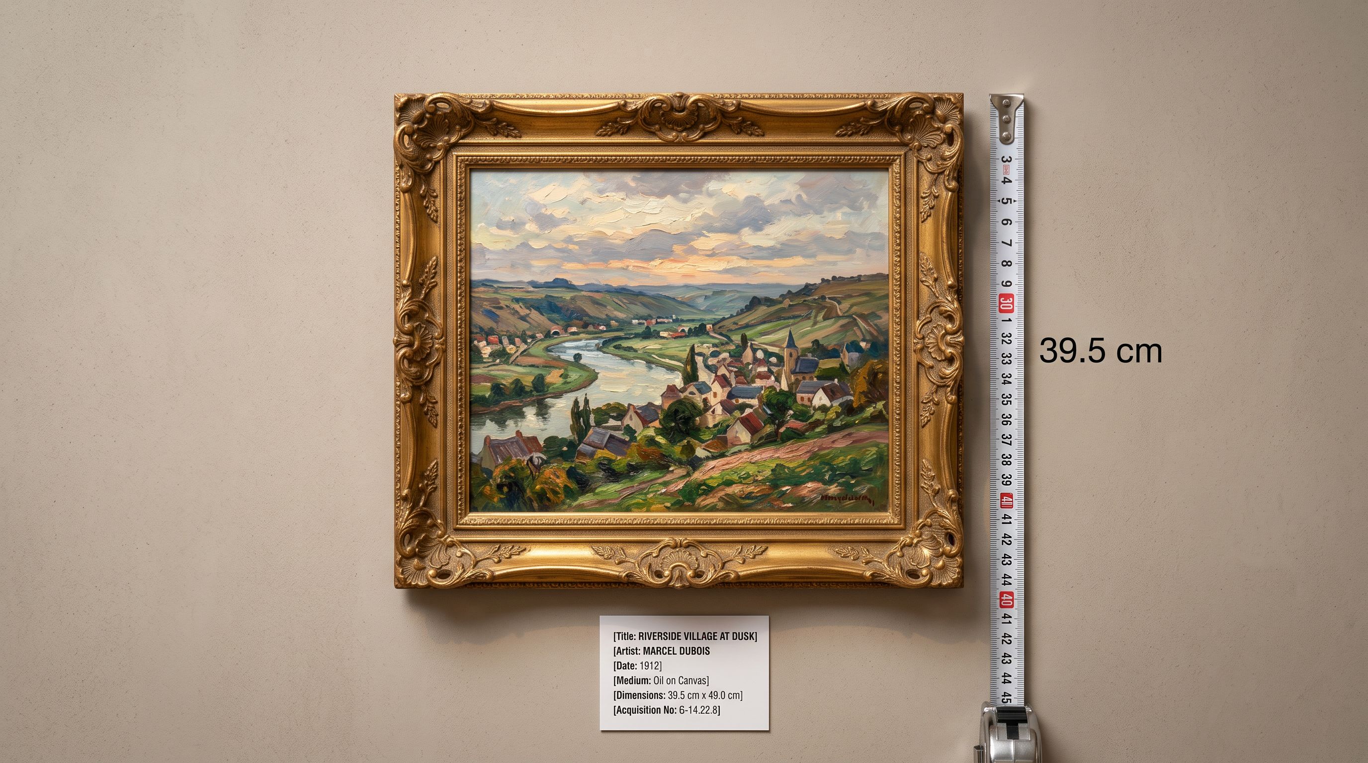 A framed oil painting on a gallery wall with a detailed white exhibition label card beneath it and a measuring tape beside the frame.