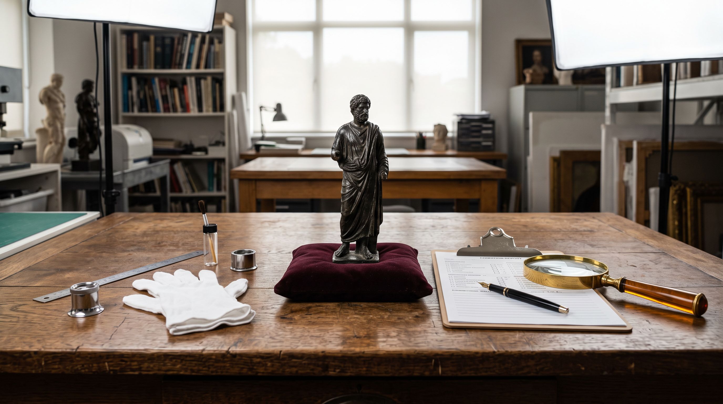 An art conservator's wooden table with a small bronze sculpture on velvet, a condition report clipboard, and a magnifying glass.