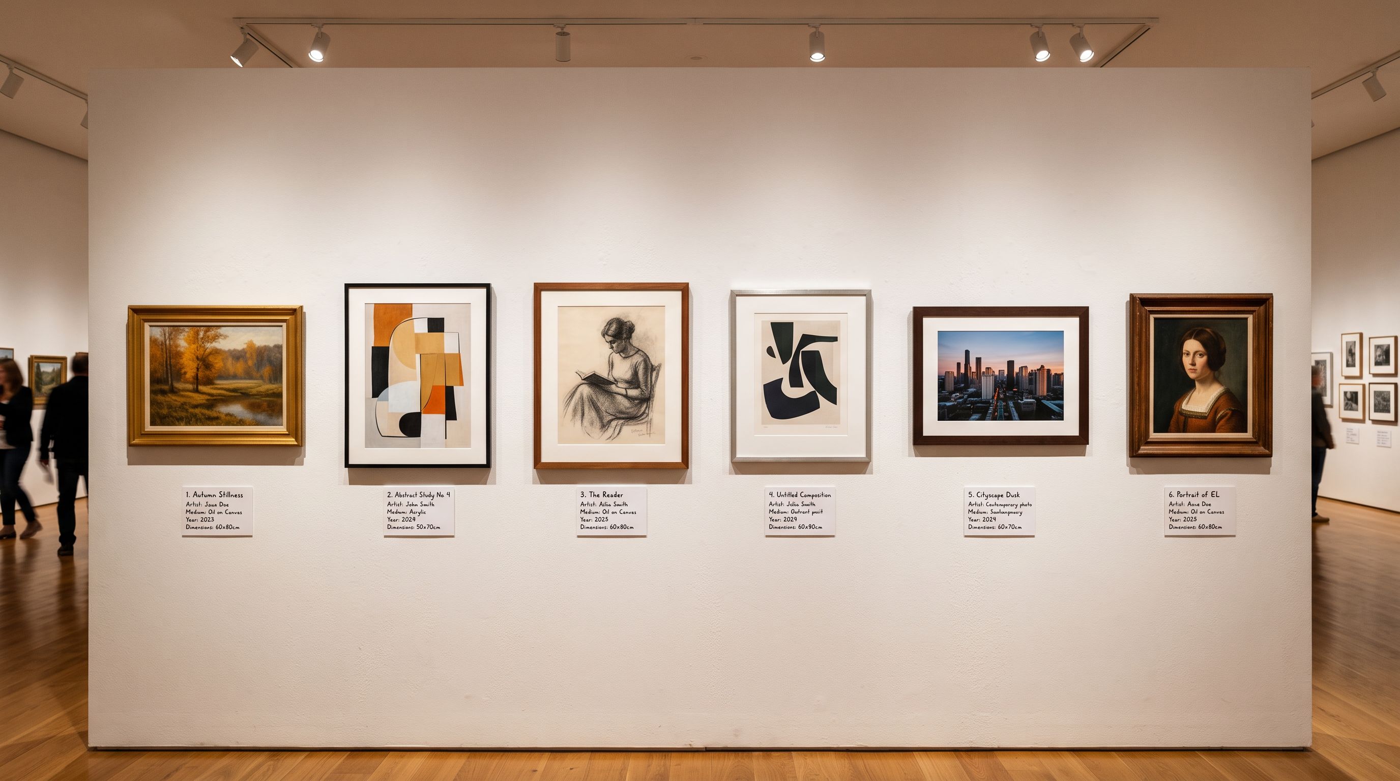 A row of framed artworks on a gallery wall with small white label cards below each piece showing structured catalogue data.