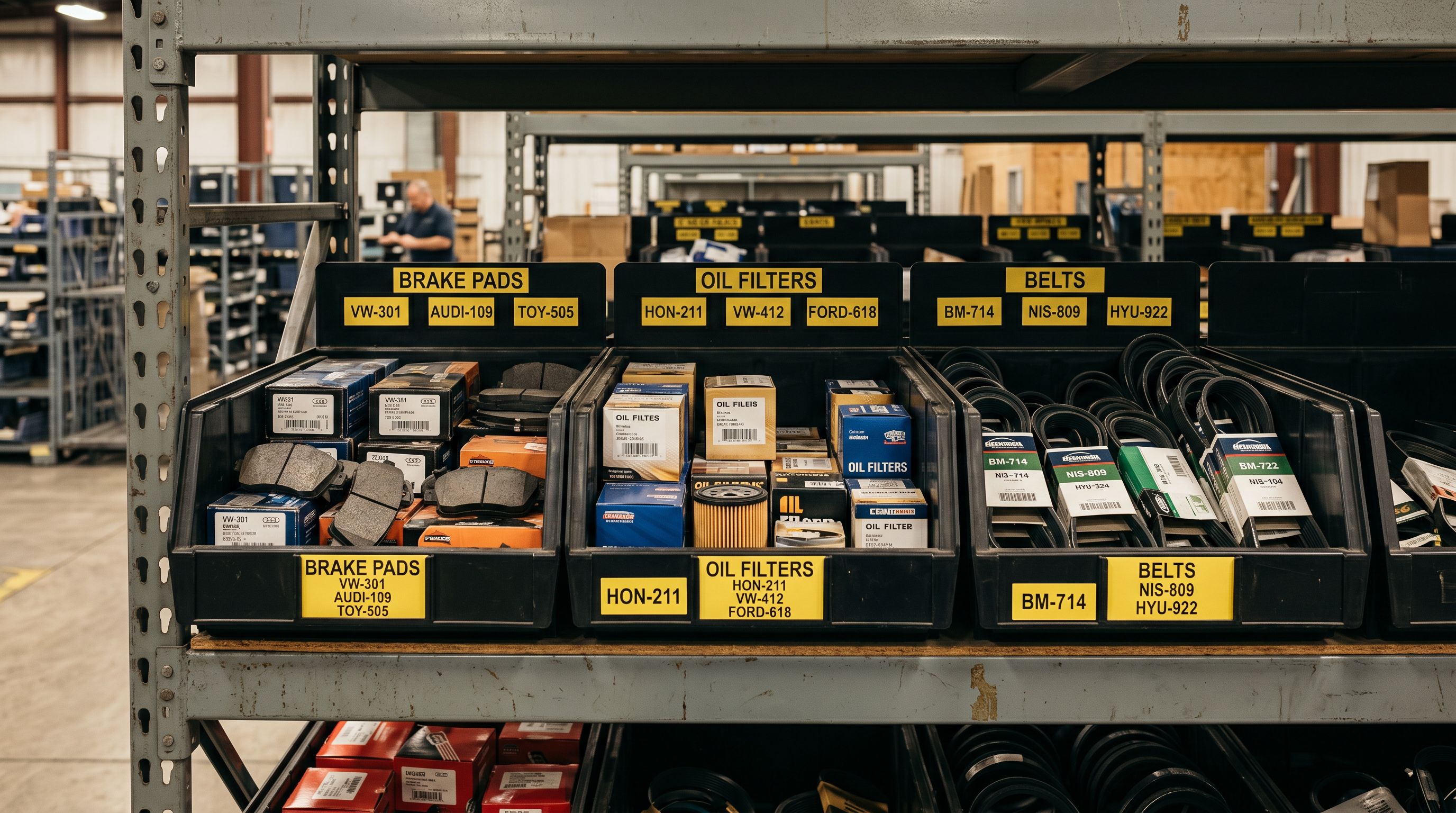 Close-up of automotive parts bins in a warehouse with labelled sections for brake pads, oil filters, and belts sorted by make and model number.