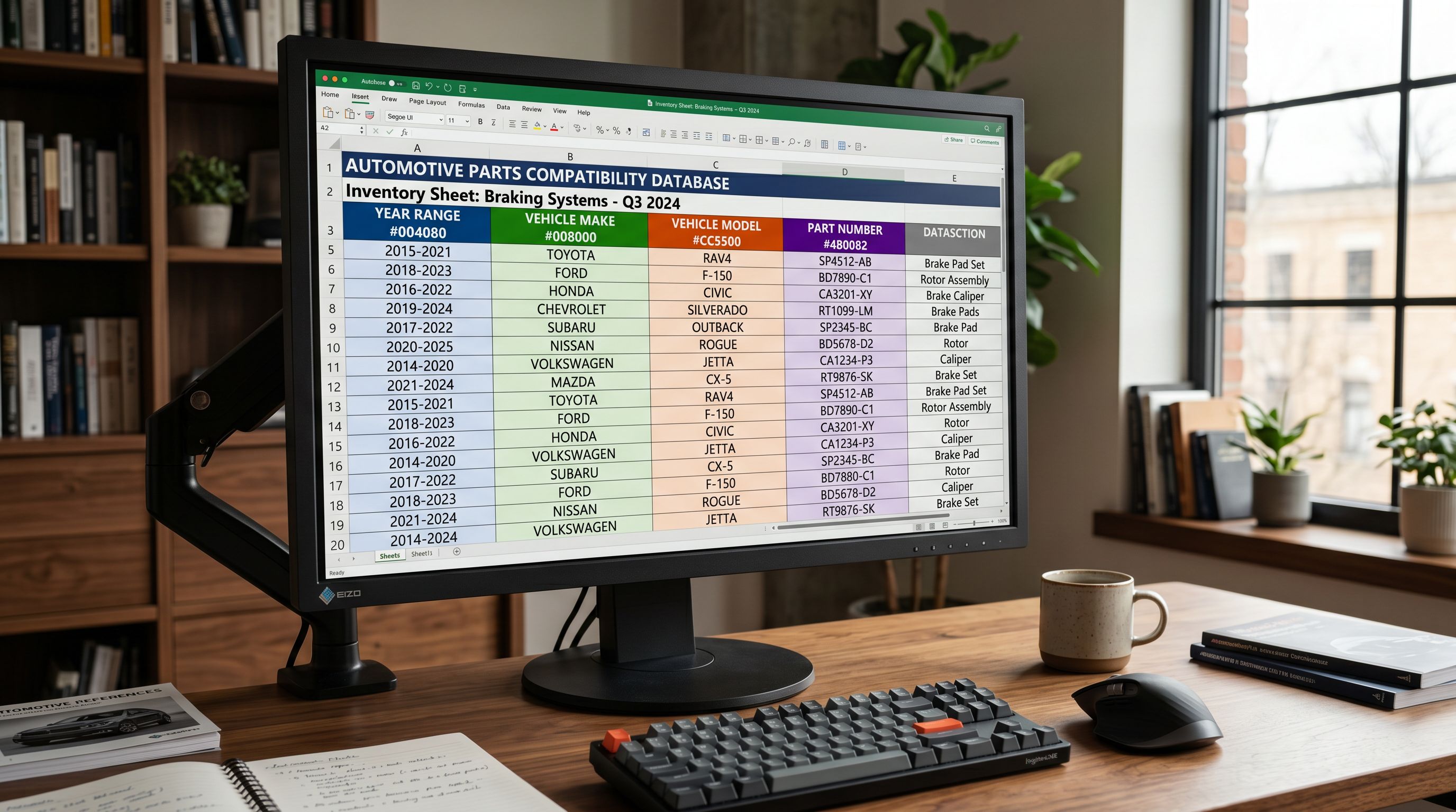 A supplier spreadsheet for automotive parts open on a monitor showing fitment columns for year, make, model, and part number alongside stock quantities.