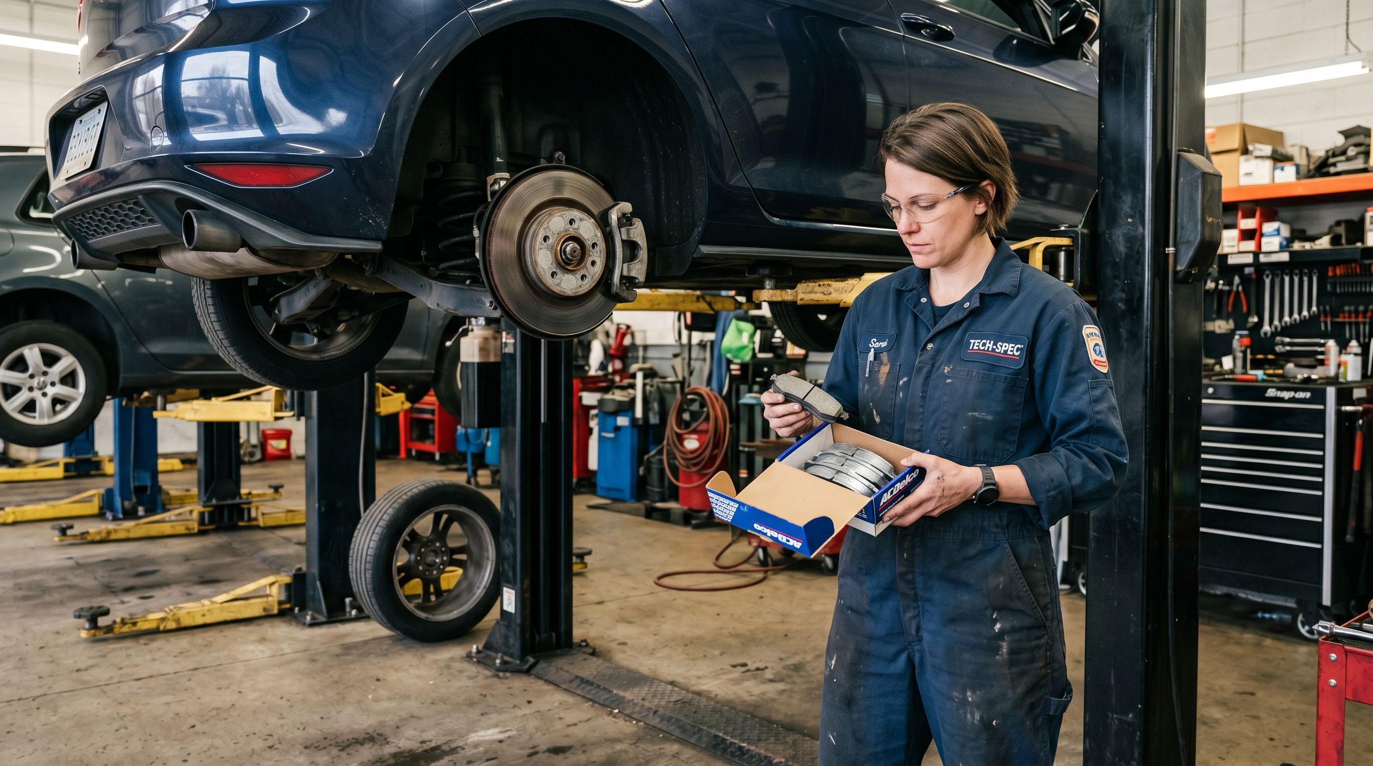 A mechanic holding a brake pad kit next to a vehicle wheel assembly in a workshop, comparing the part to the application specification sheet.