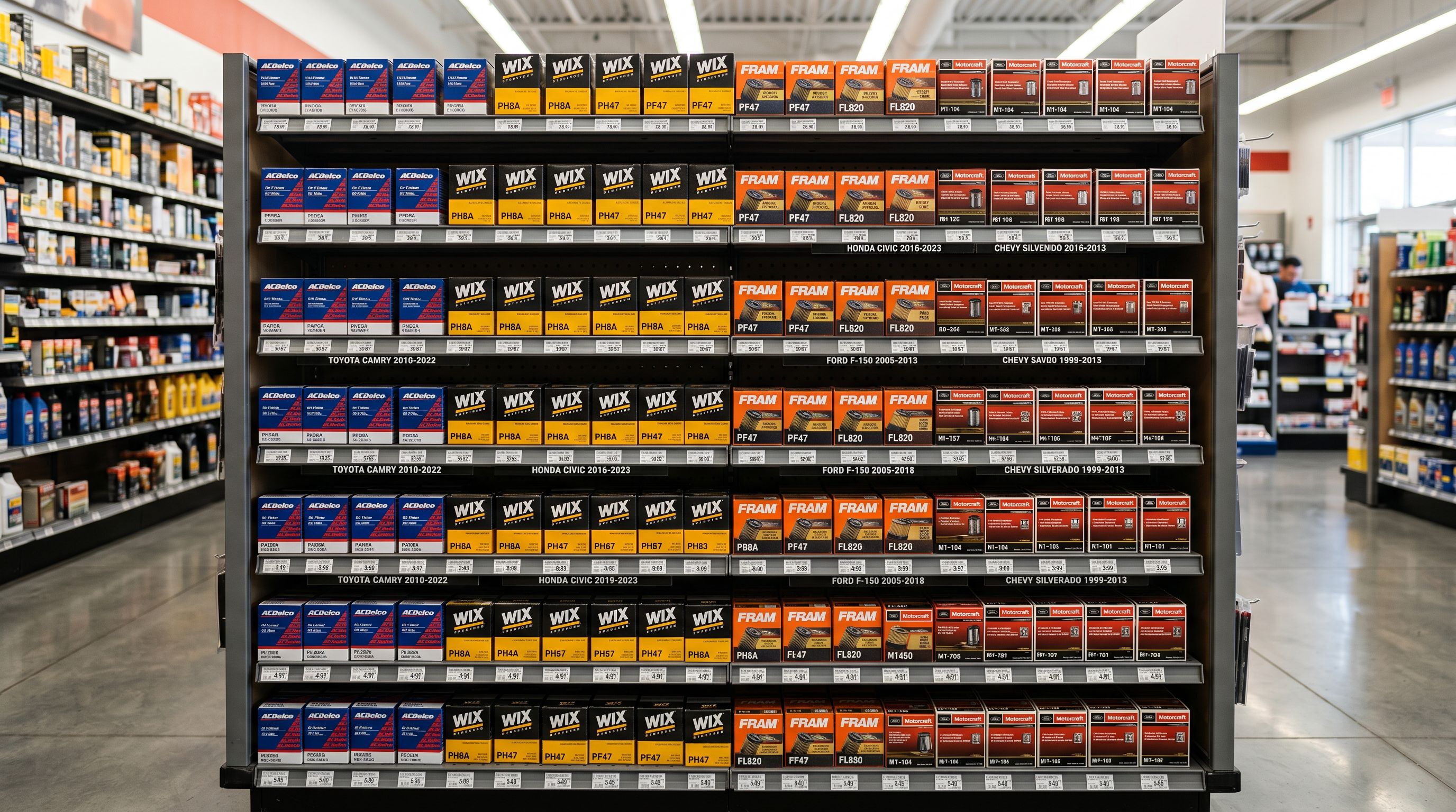 Rows of boxed automotive filters on retail shelving with front-facing product labels showing compatible vehicle models and year ranges.