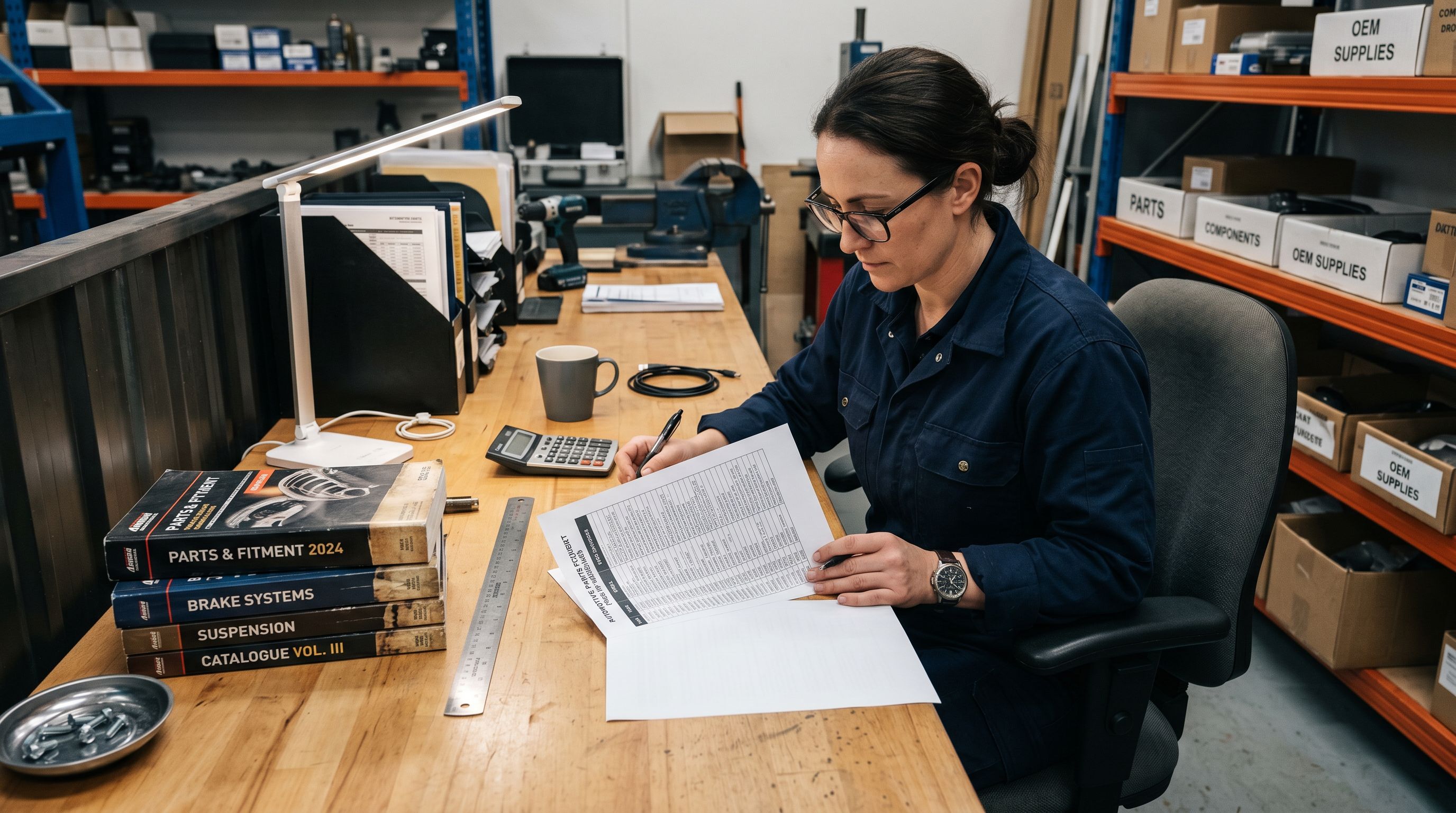 A person at a desk reviewing an automotive parts product page on a laptop showing structured fitment data listed under product specifications.