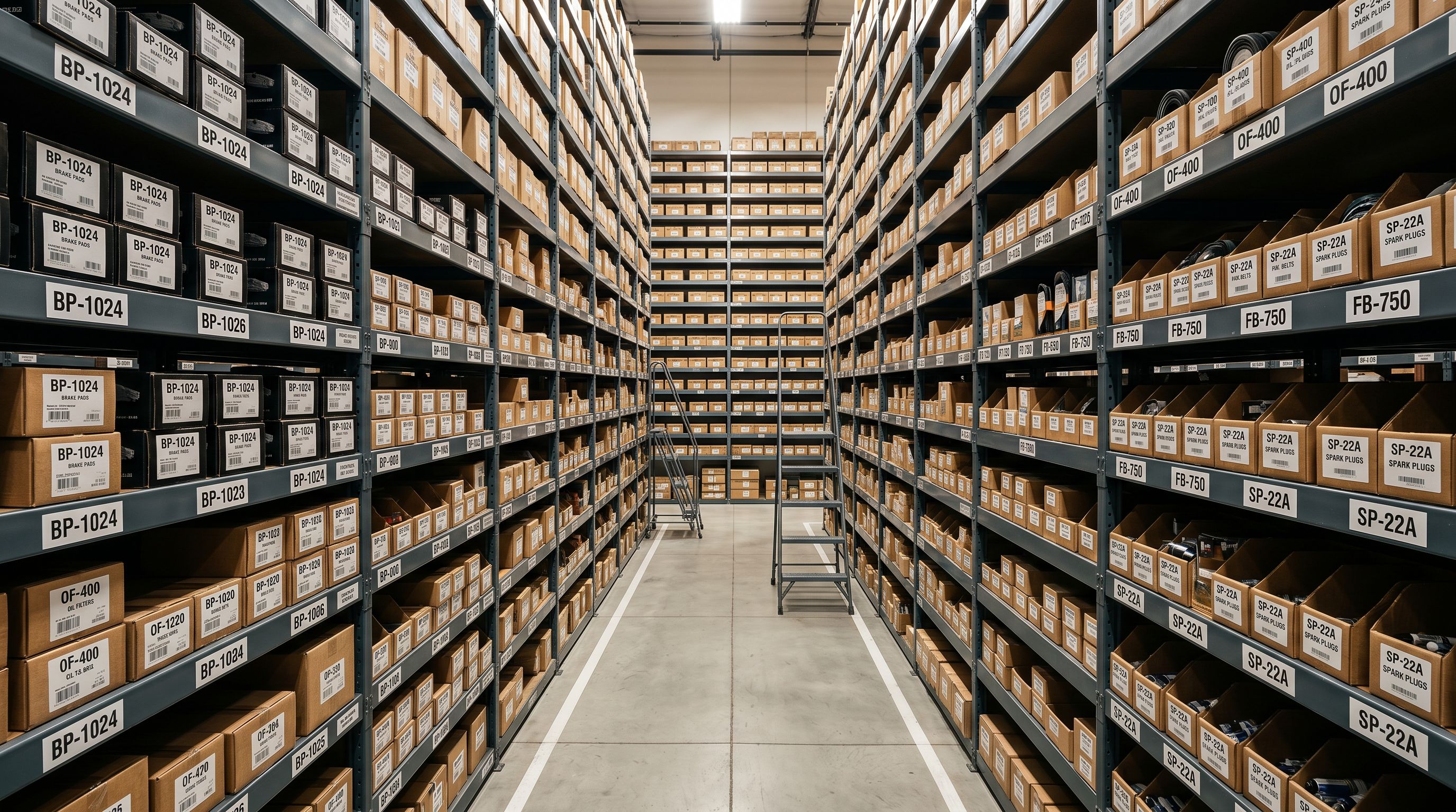 Organised automotive parts warehouse shelving with labelled boxes of brake pads, filters, and belts sorted by vehicle application.