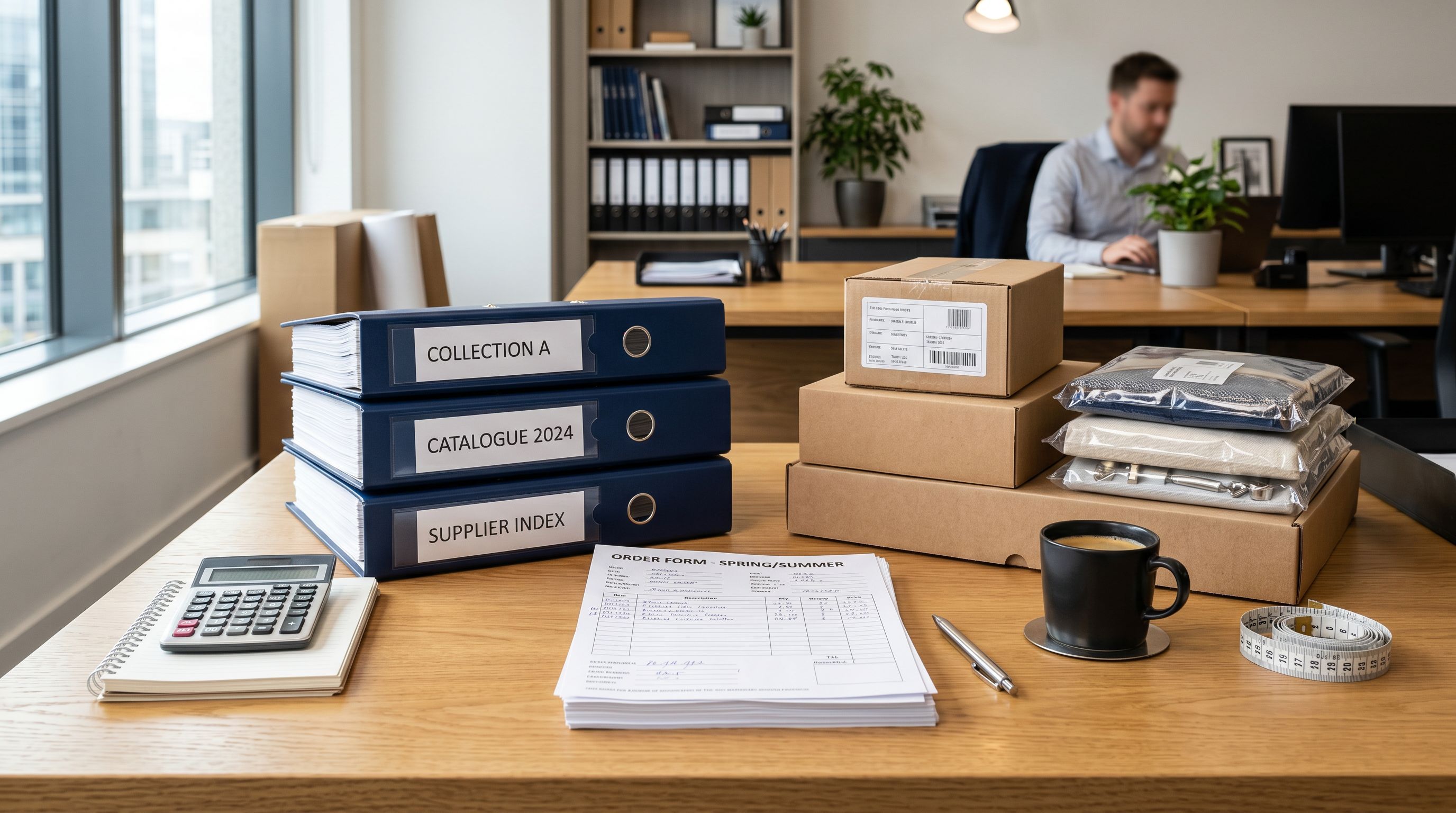 Neatly arranged wholesale product catalogue binders and order forms on a commercial buyer's desk with product samples alongside.