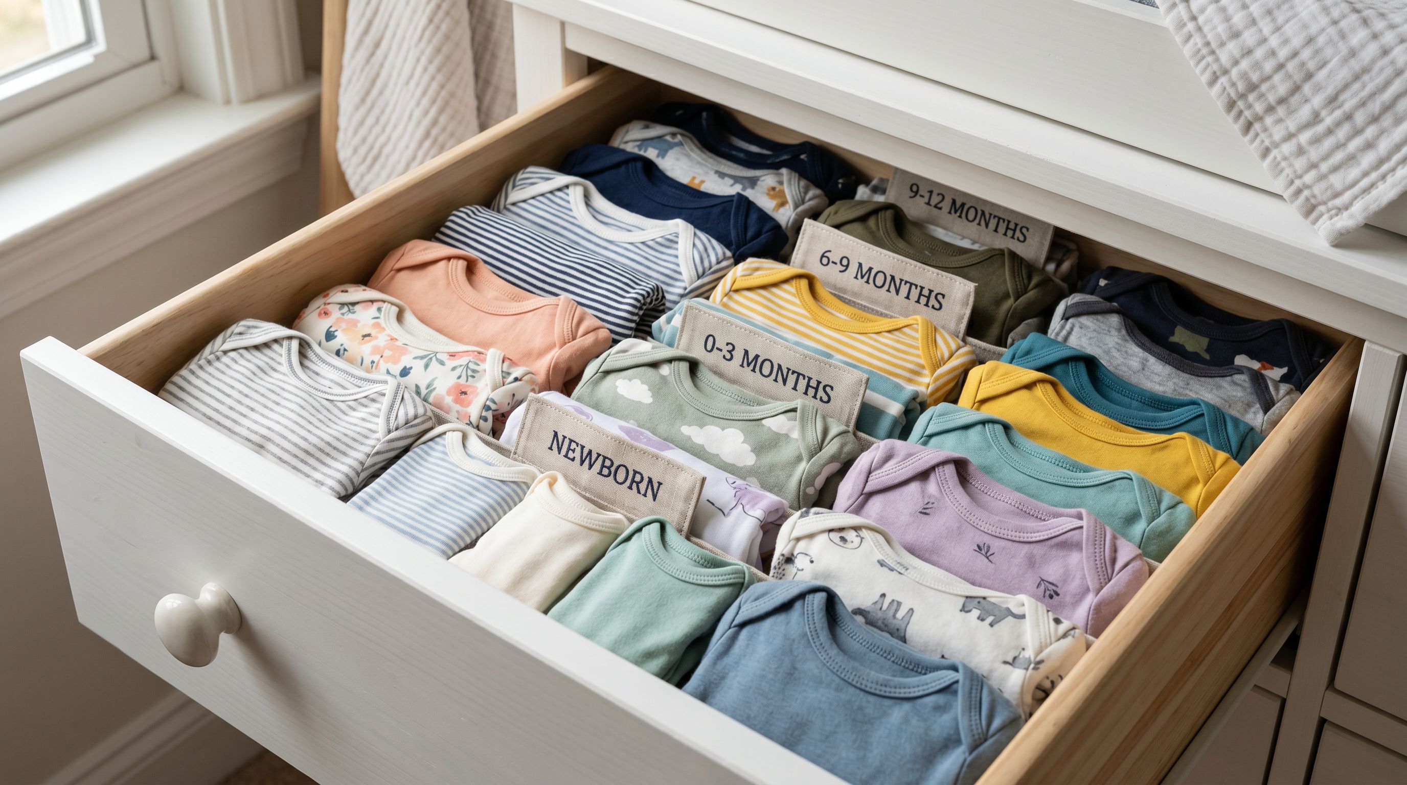 Baby bodysuits folded and organised in a white nursery drawer sorted by size with fabric divider tabs between each group.