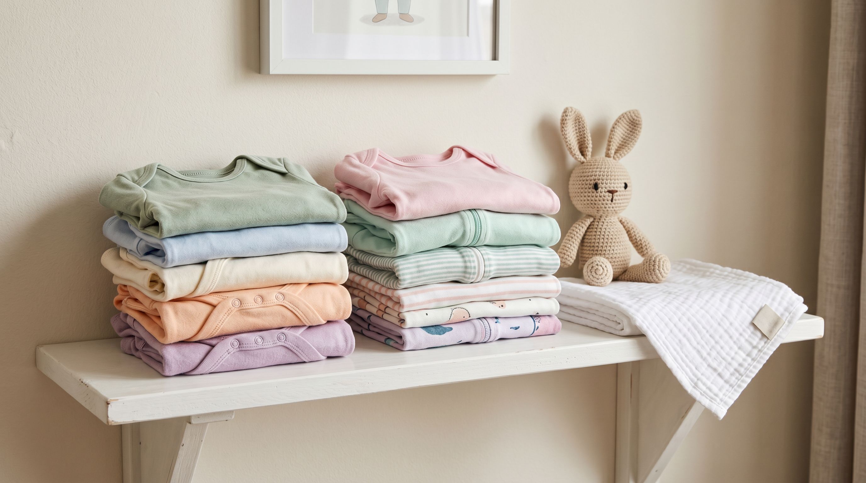 Neatly folded baby clothing in soft pastel colours arranged on a white wooden nursery shelf next to a small plush toy and a cotton muslin wrap.