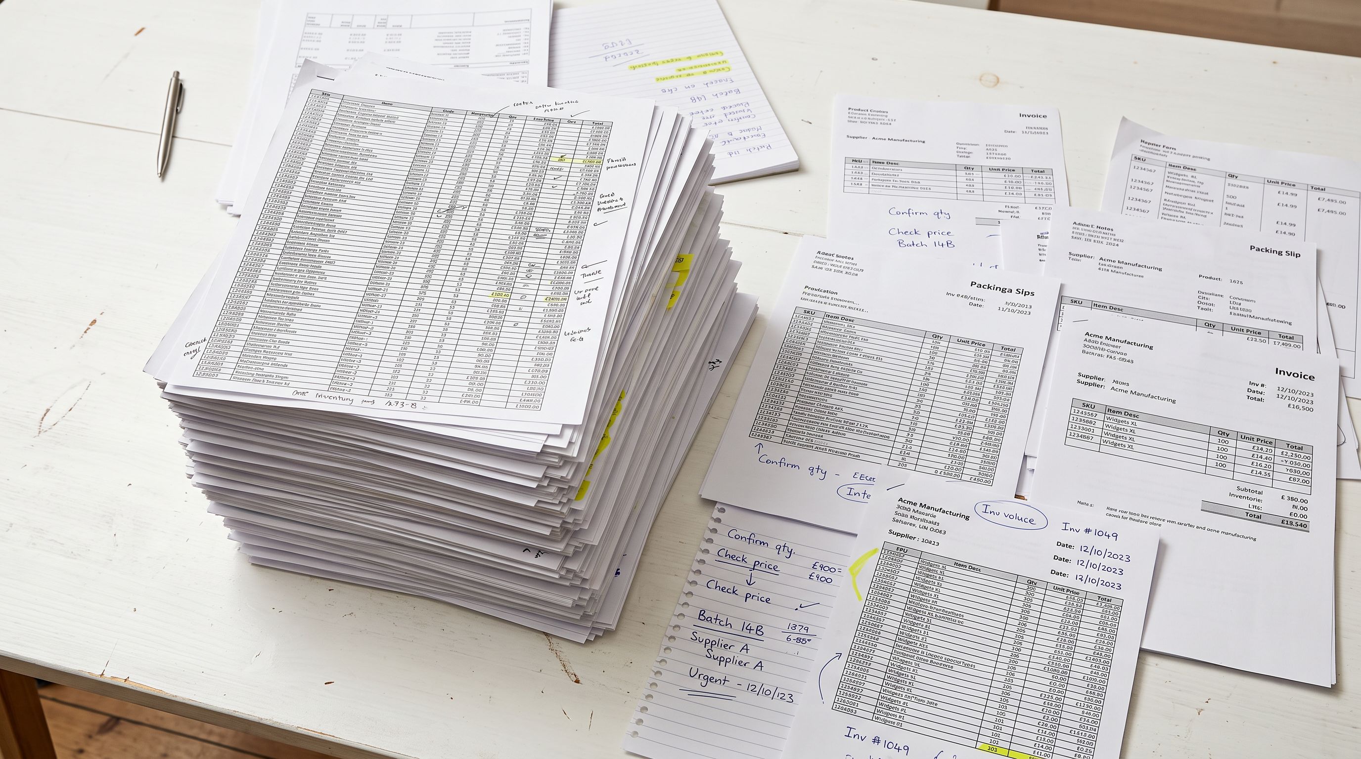 Wholesale product catalogue and organised supplier data sheets spread across a white desk representing batch import preparation