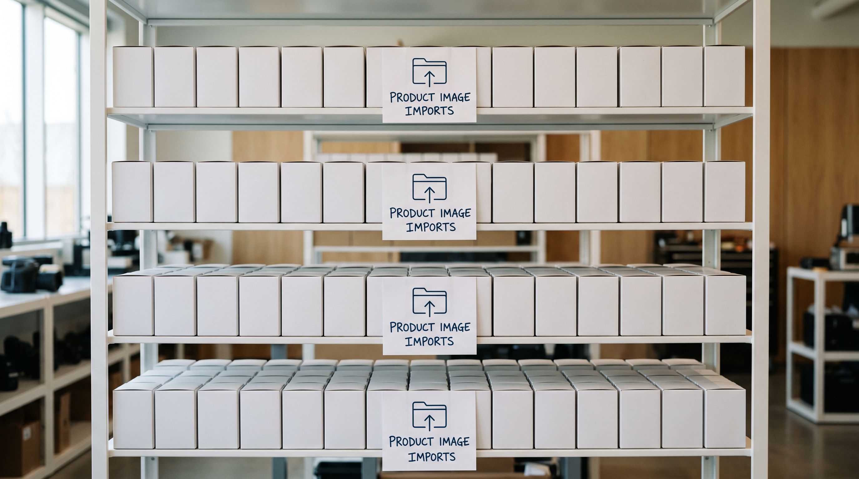 Rows of product boxes arranged on white display shelving with folder labels representing cloud folder organisation for product image imports