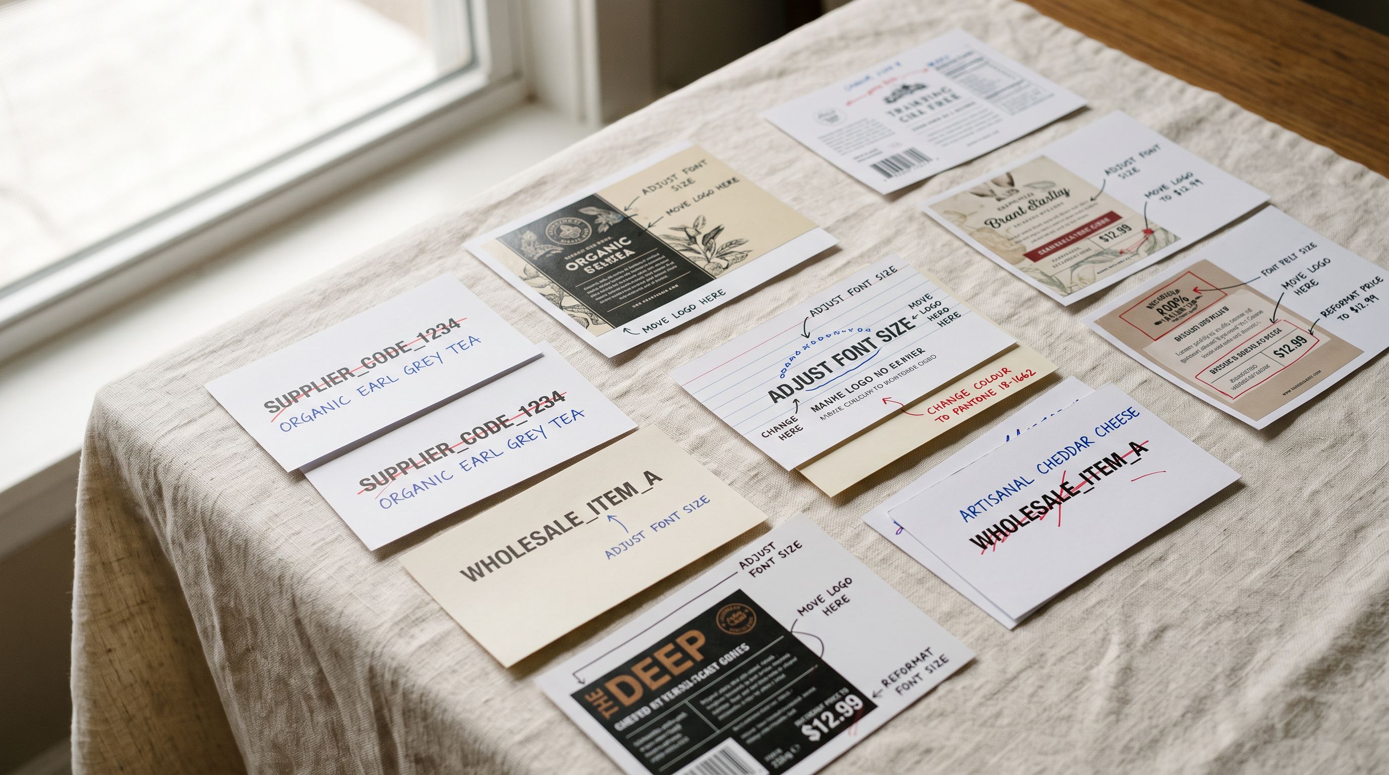 Printed product label cards with correction marks showing title reformatting from supplier naming conventions to clean retail-ready names