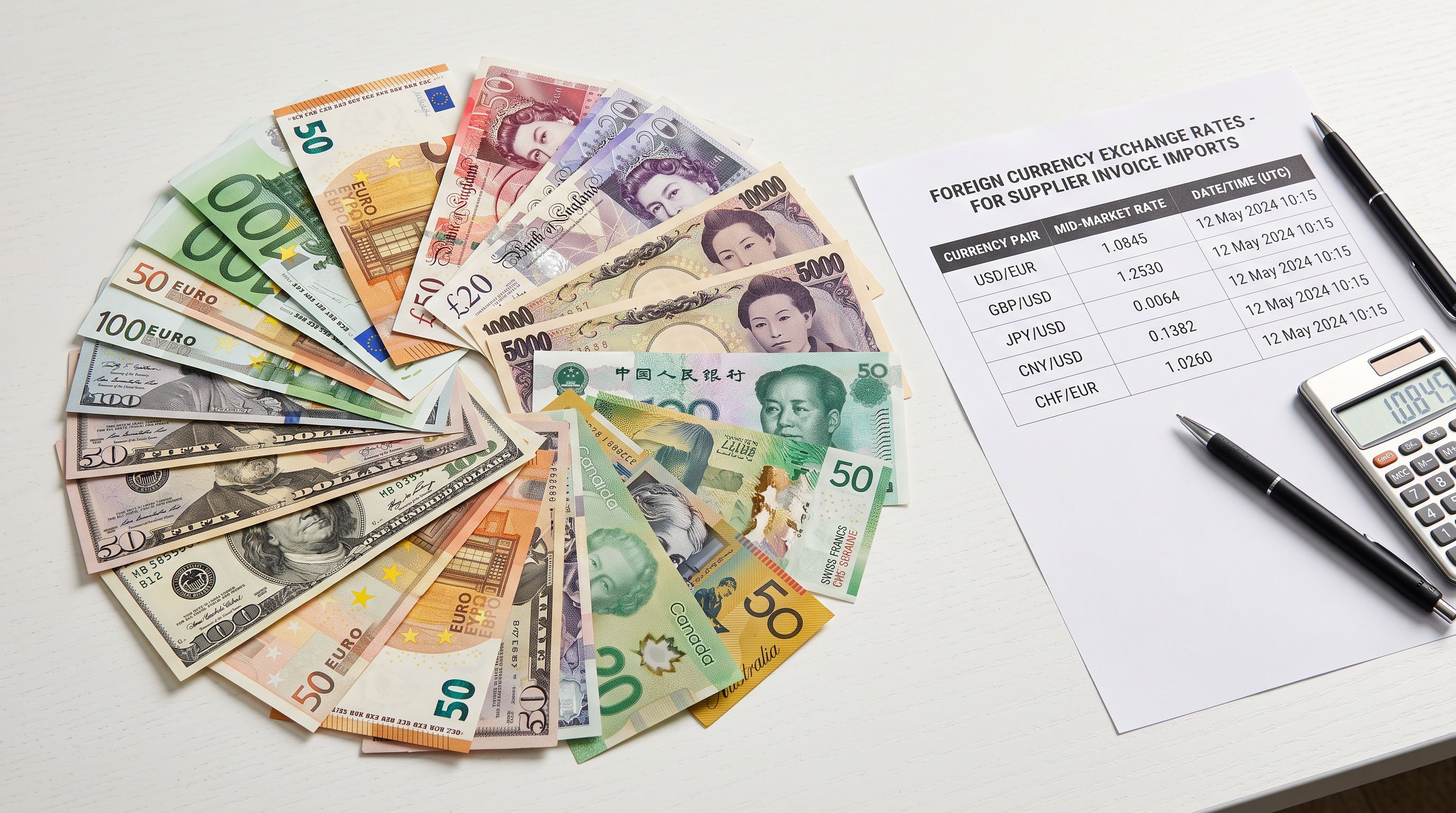 Mixed international currency banknotes arranged in a fan pattern beside a printed exchange rate sheet representing supplier invoice currency conversion
