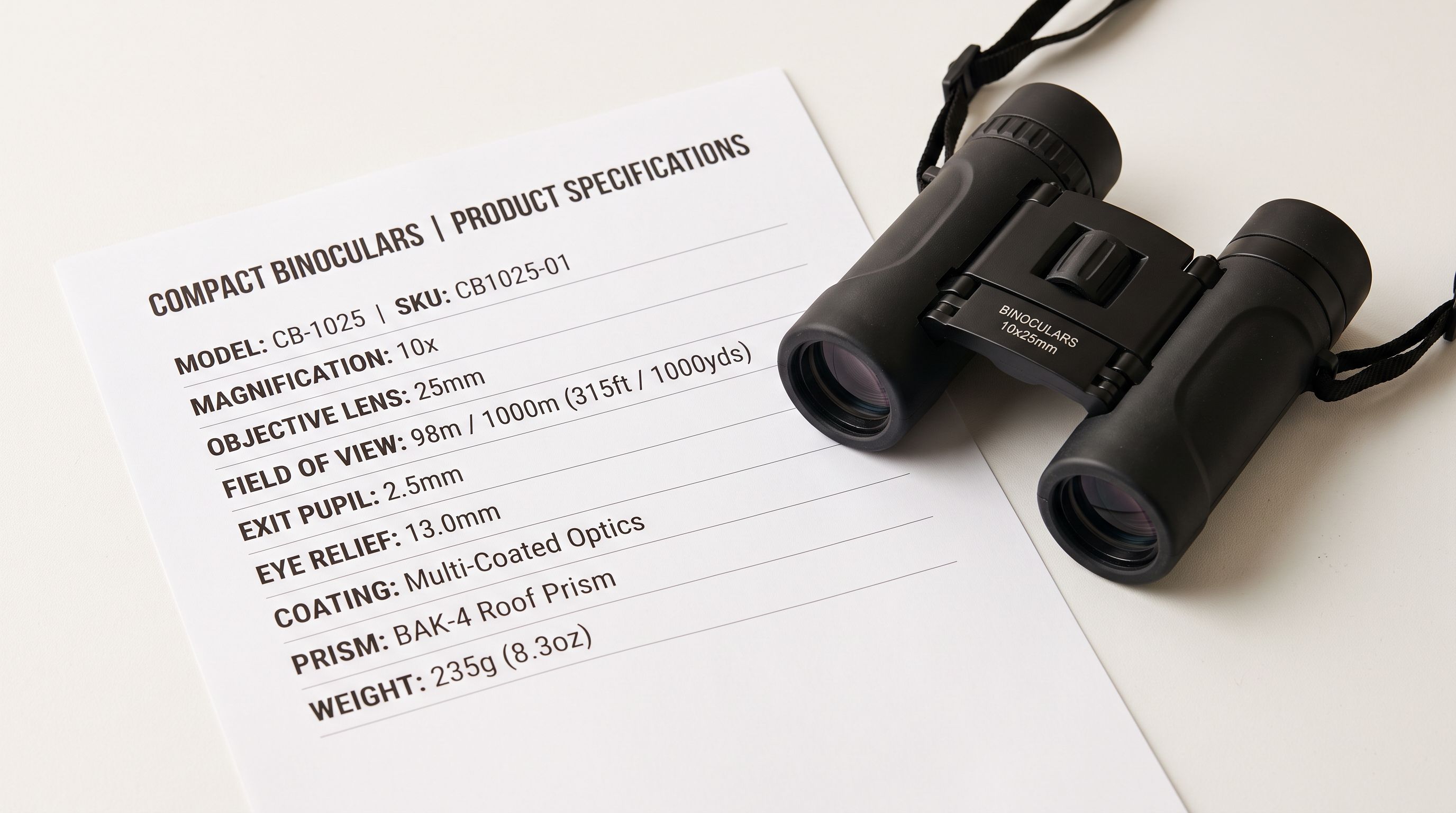 Compact binoculars beside a printed specification sheet showing magnification and objective lens measurements for product specification data