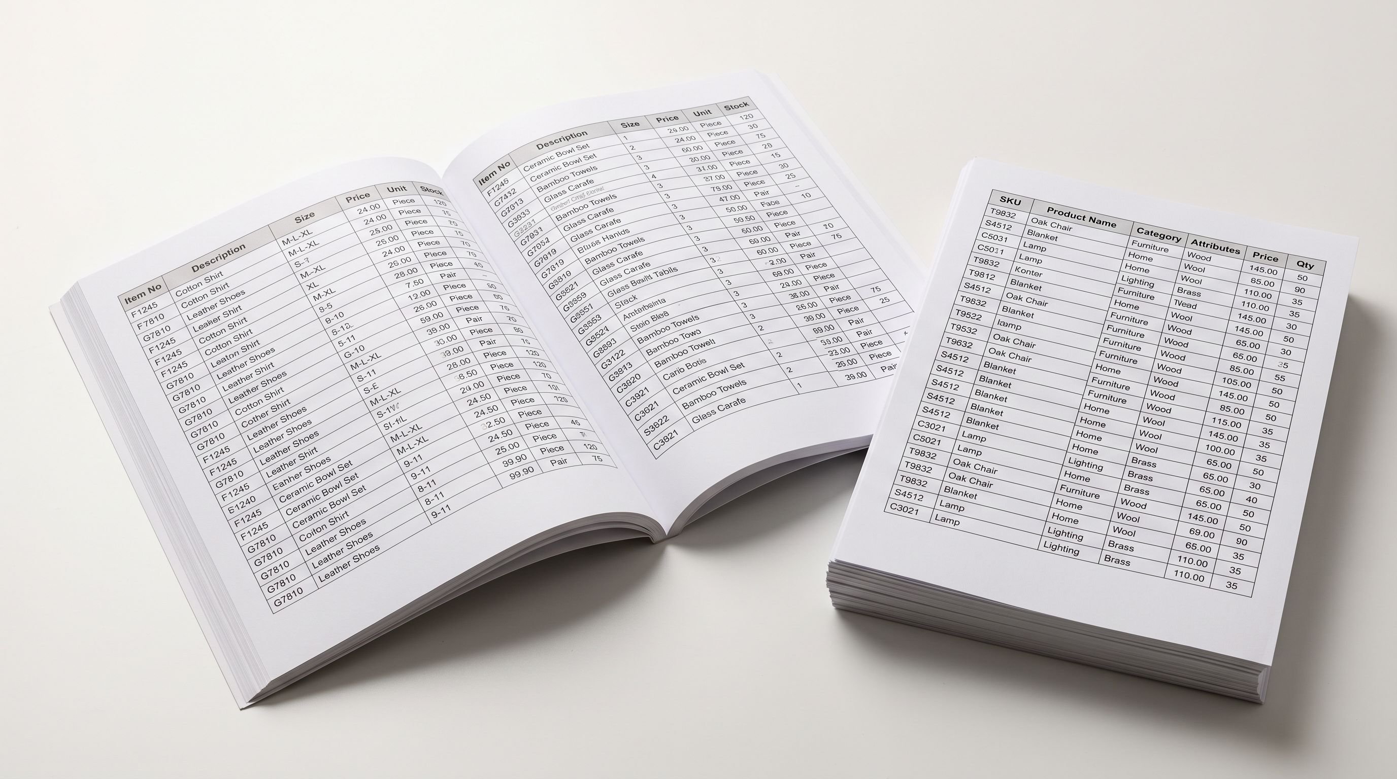 Wholesale product catalogue and organised supplier data sheets beside printed product import workflow steps