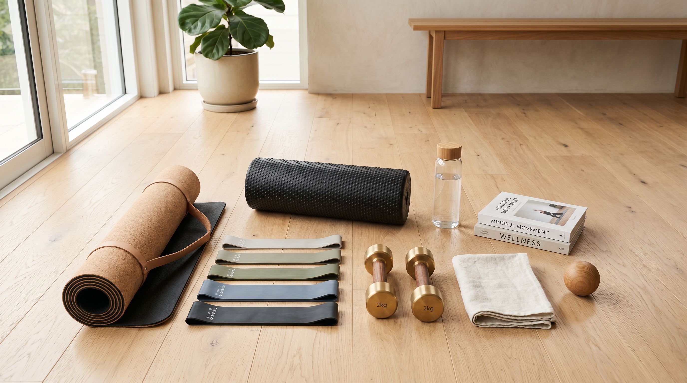 Flat lay of fitness and wellness products including resistance bands, a foam roller, and a yoga mat on a light timber floor.