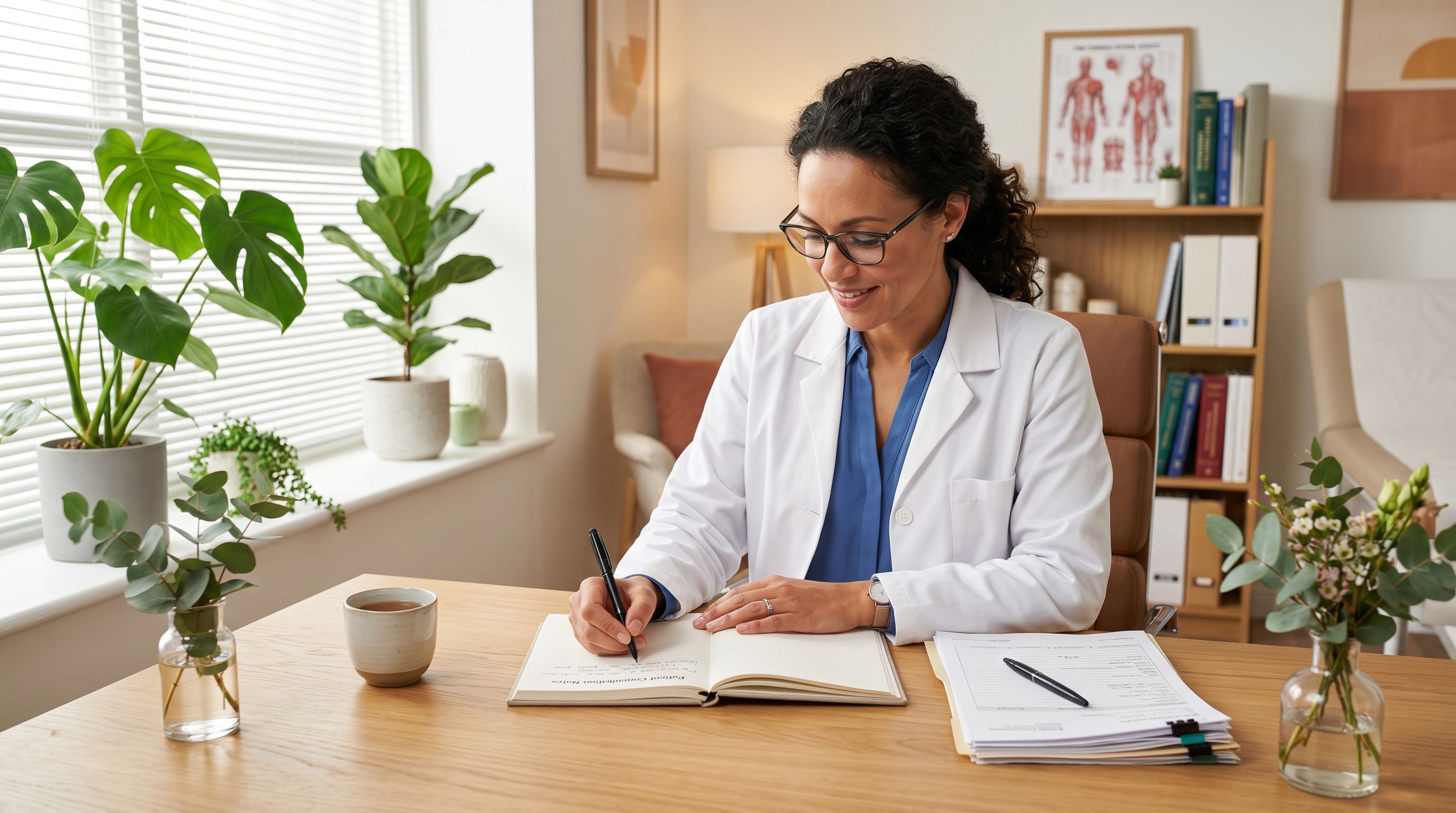 Health professional sitting at a wooden desk with an open notebook writing notes in a bright consultation room.