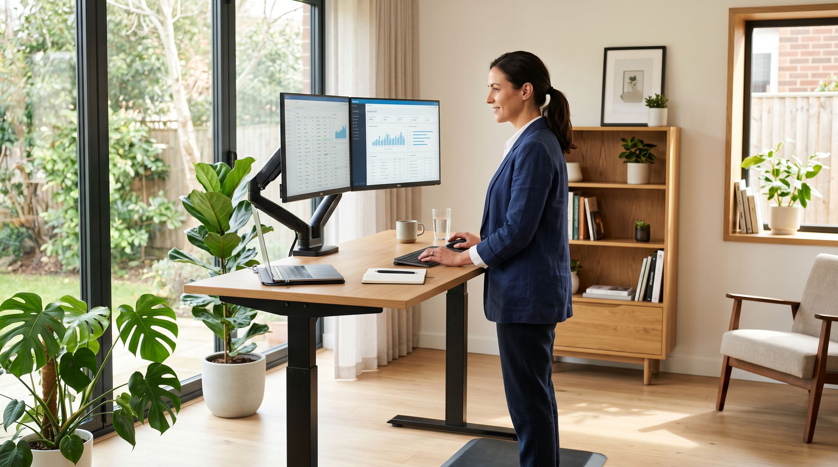 Person standing at an electric height-adjustable desk with dual monitors in a bright modern home office with good posture and natural light.