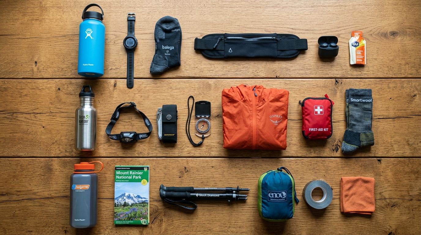 Three different outdoor gear sets laid out flat on a clean wooden surface, each set showing related items placed together in a horizontal row, sharp focus, no blur, colour photography.