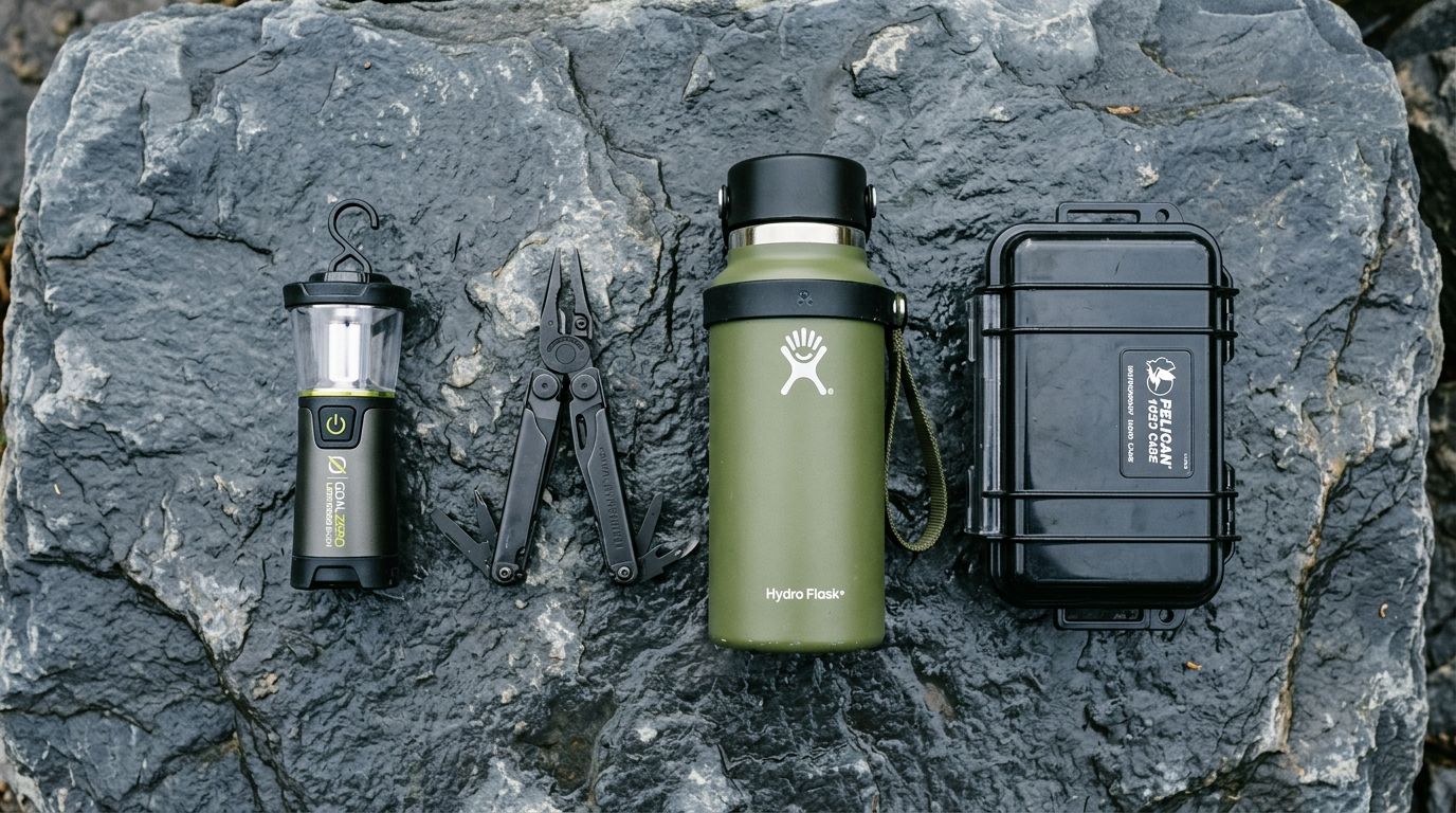 A flat lay of a camping gear kit arranged on a slate grey surface, including a compact lantern, a folding knife, a fire starter, and a thermal flask, all in sharp focus, colour photography.