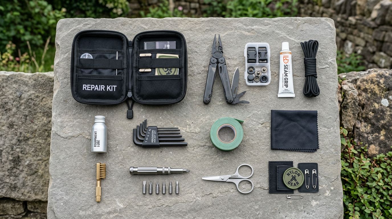 An outdoor equipment repair kit displayed on a natural stone surface, showing small tools, patches, and a compact case arranged neatly, all items in sharp focus, colour photography.