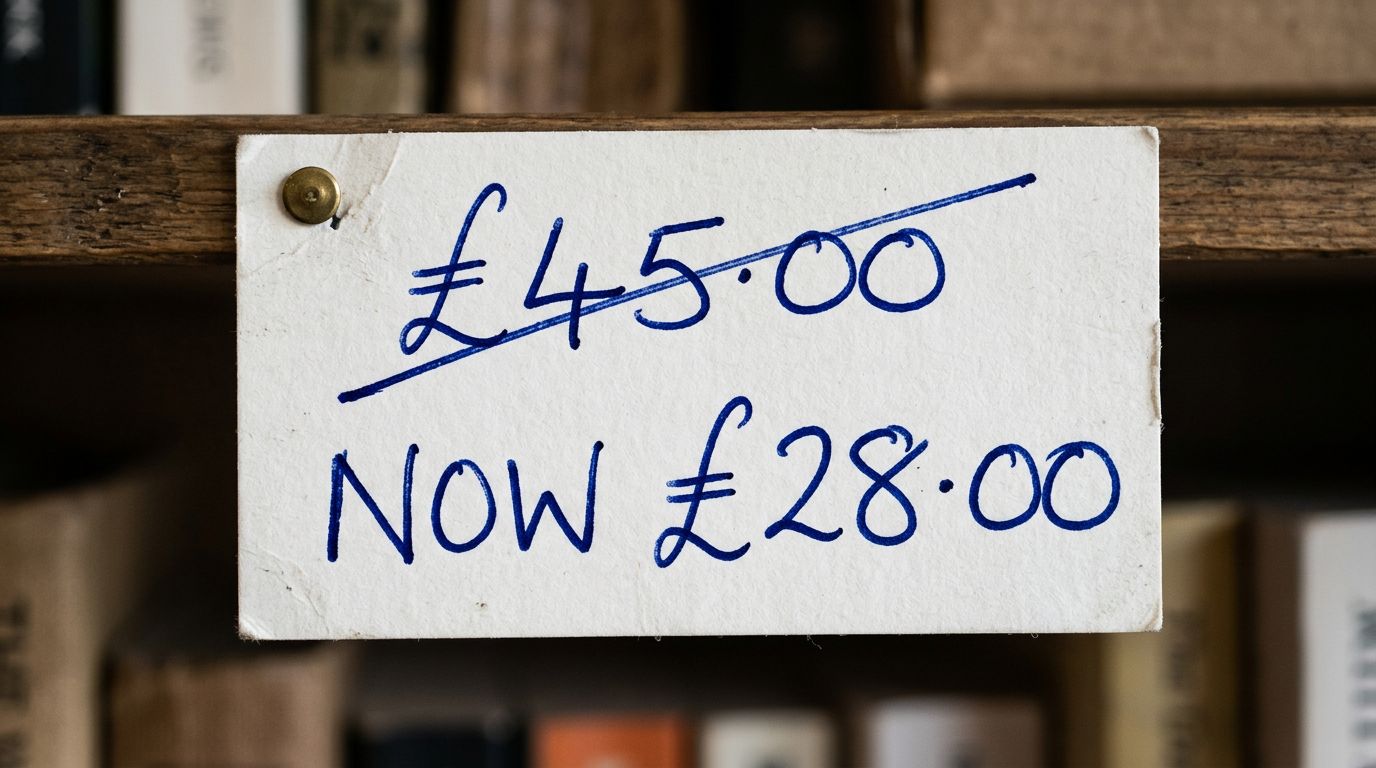 Close-up of a hand writing a product pricing label on paper, showing a discounted price and the original price crossed out above it, sharp focus, colour photography.