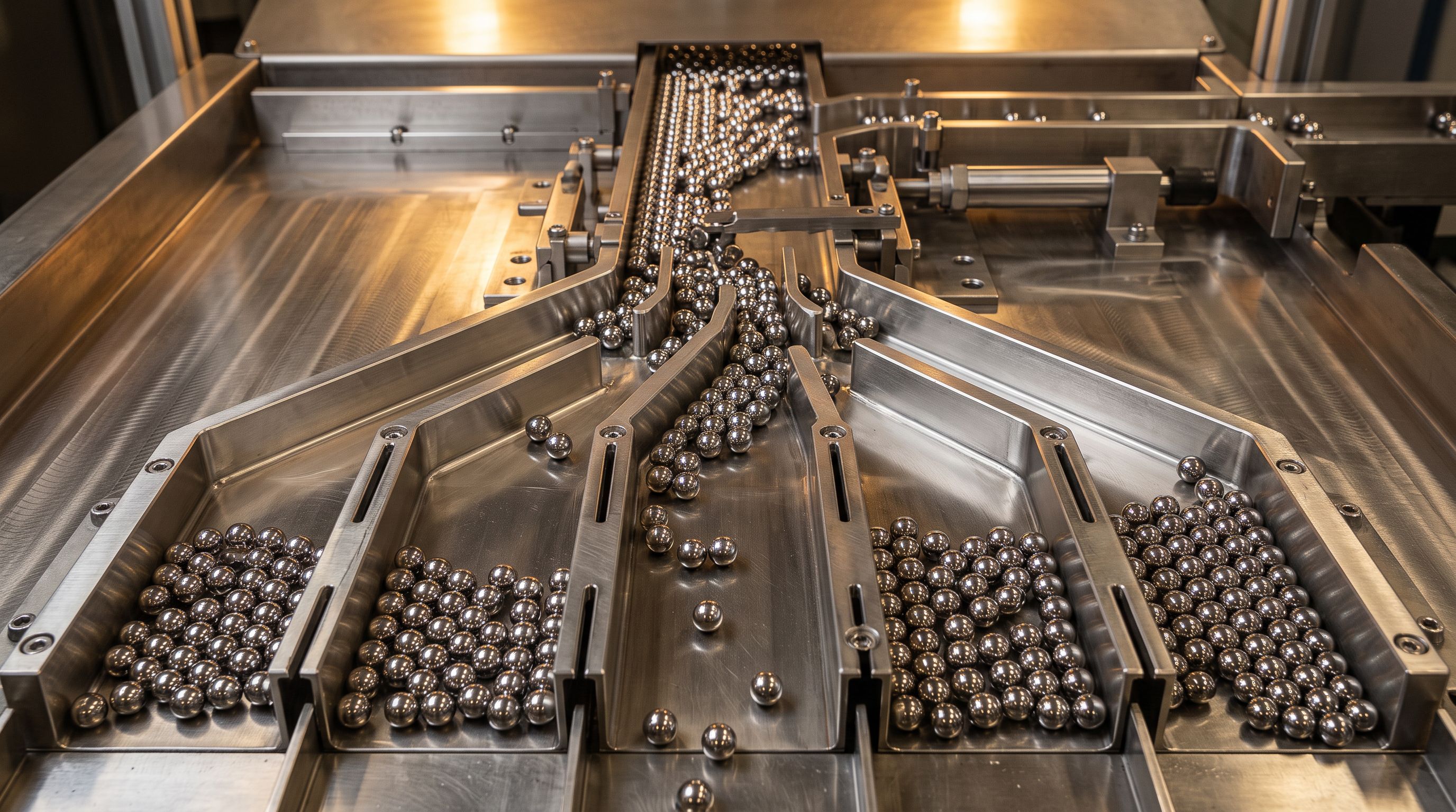 Steel ball bearings sorted through a precision mechanical routing system with multiple channels.
