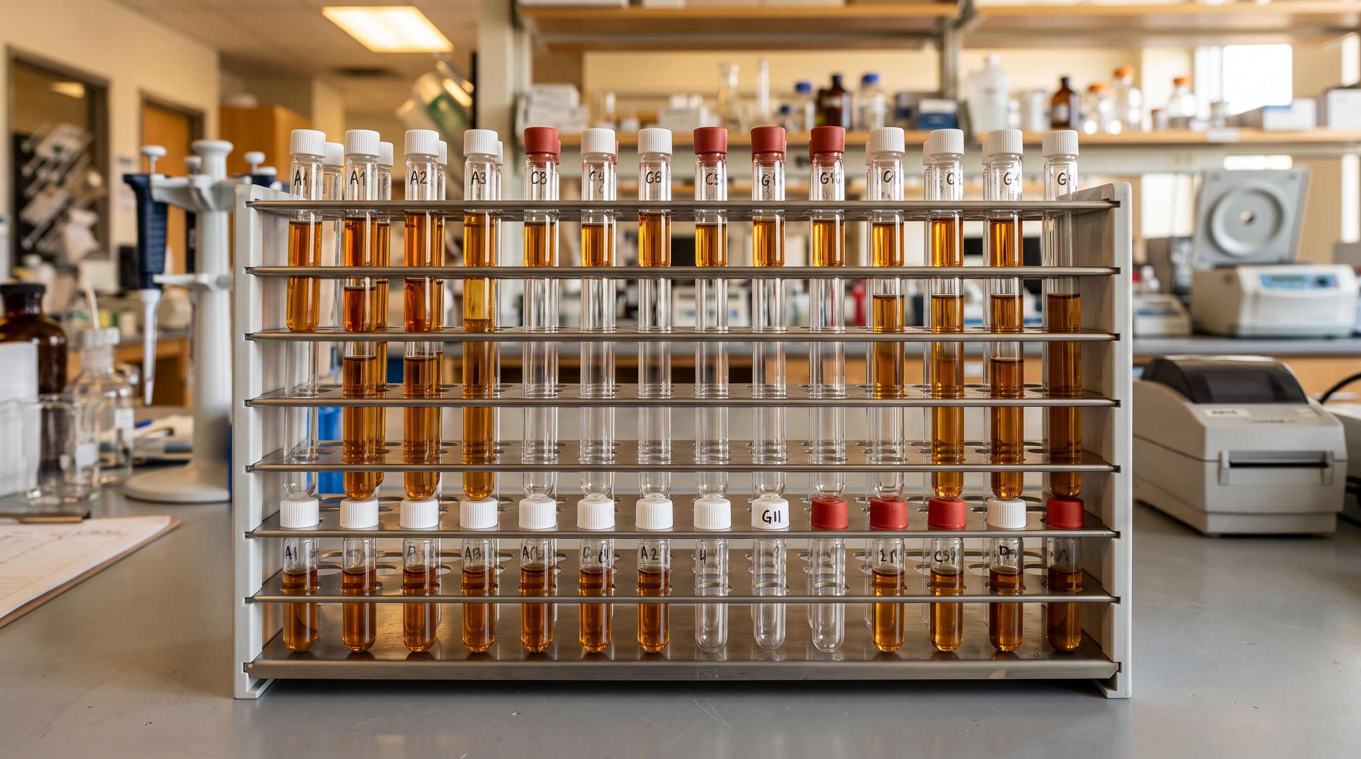 Laboratory specimen rack with glass test tubes at varying fill levels representing data completeness.