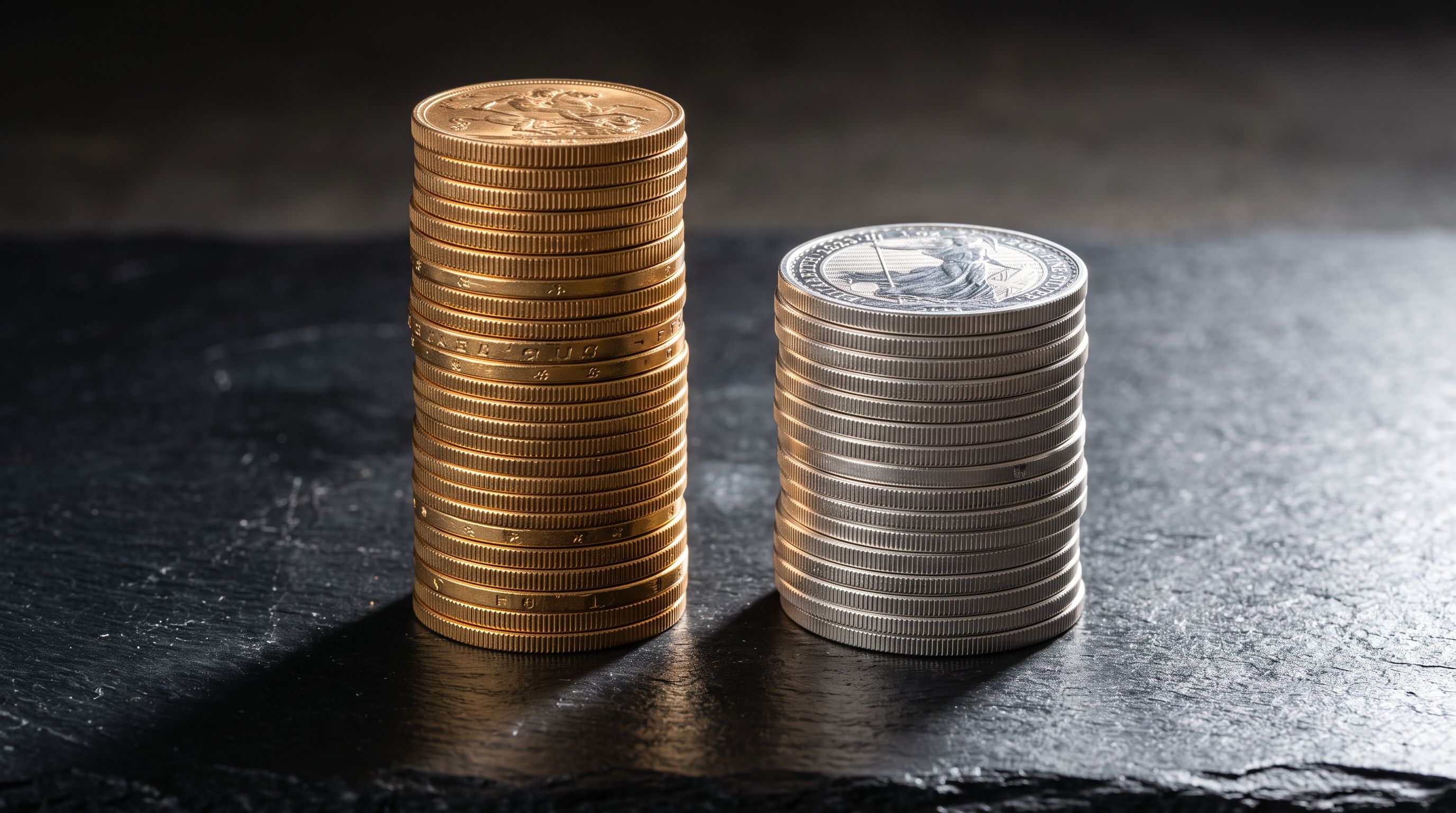 Two columns of gold and silver coins at different heights on dark polished slate.