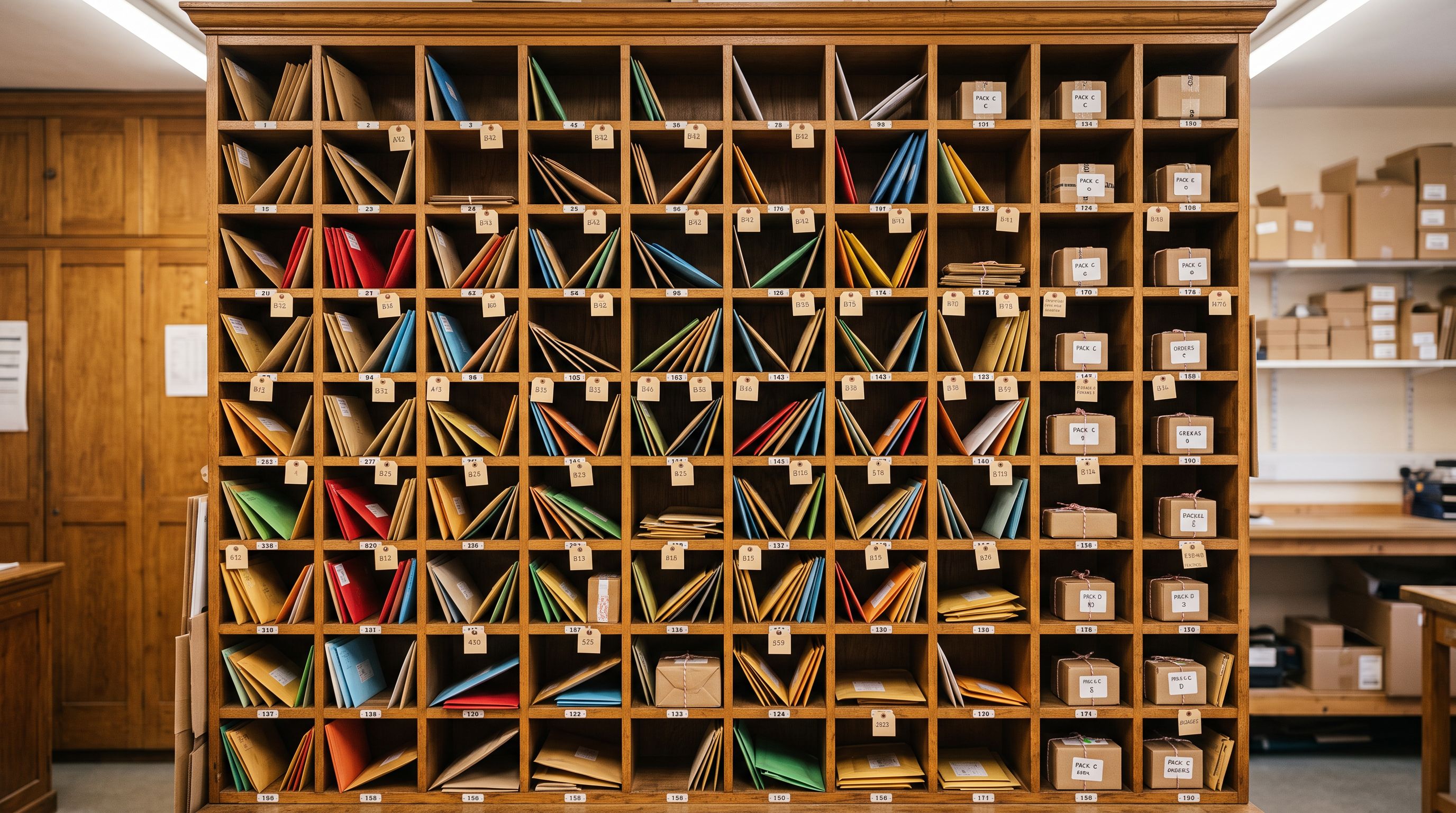 Wooden postal pigeonhole shelving unit with coloured envelopes representing systematic product categorisation.