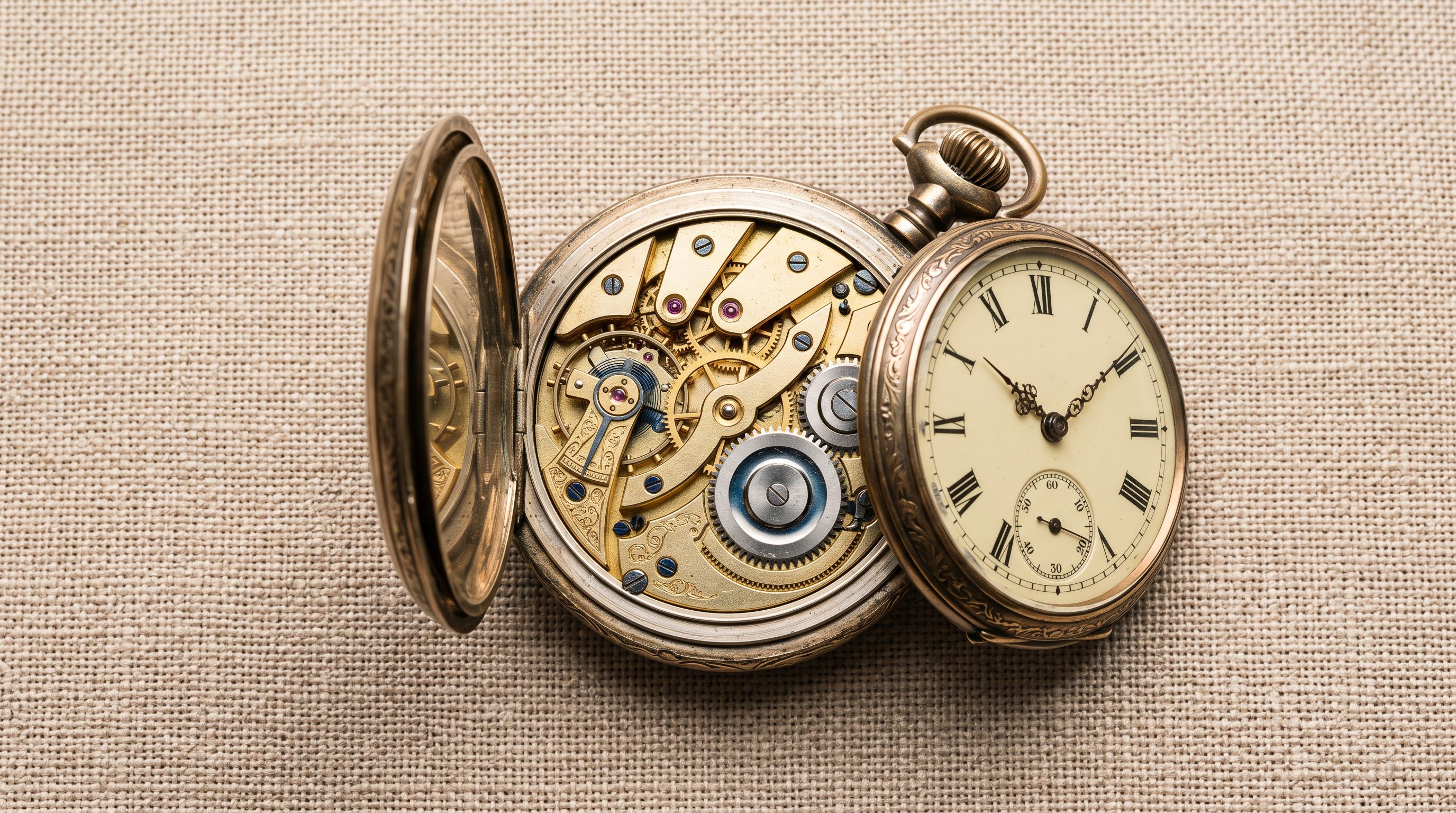 Vintage mechanical pocket watch opened to reveal intricate brass gear mechanisms inside.