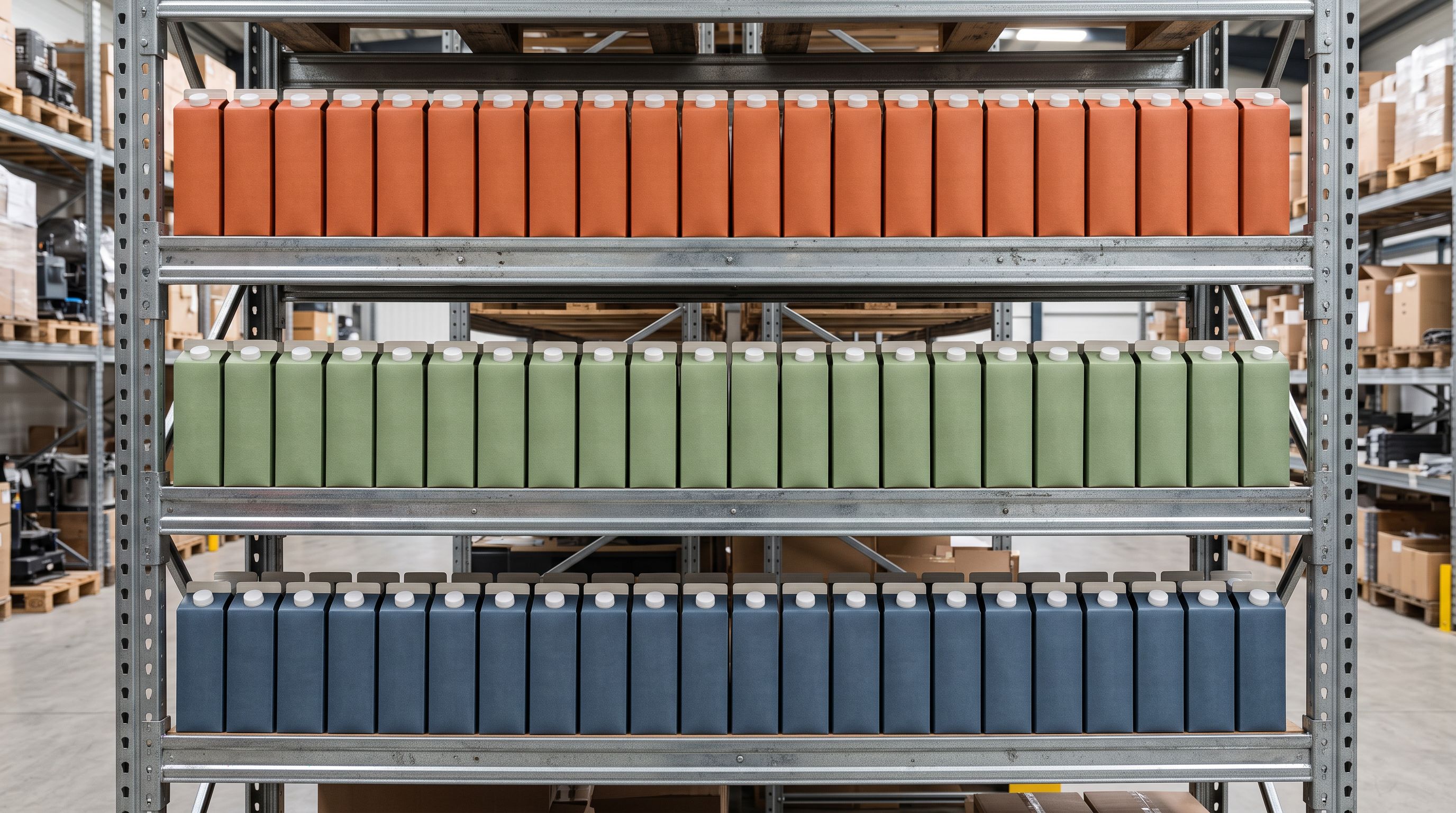 Three colour-coded product carton rows separated on industrial warehouse shelving, each row visually distinct