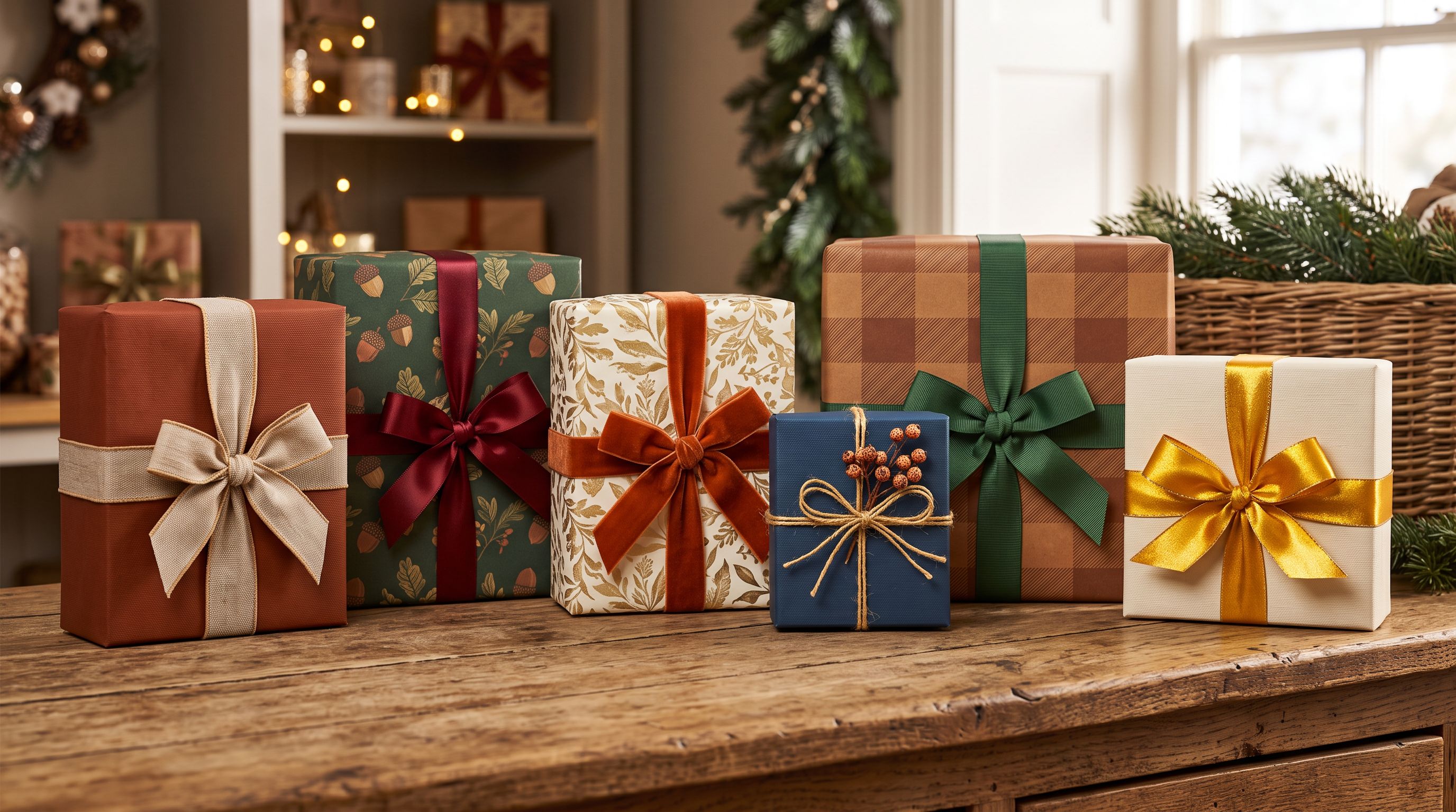 Seasonal gift boxes in ribbon-tied packaging arranged neatly on a wooden retail surface with warm studio lighting