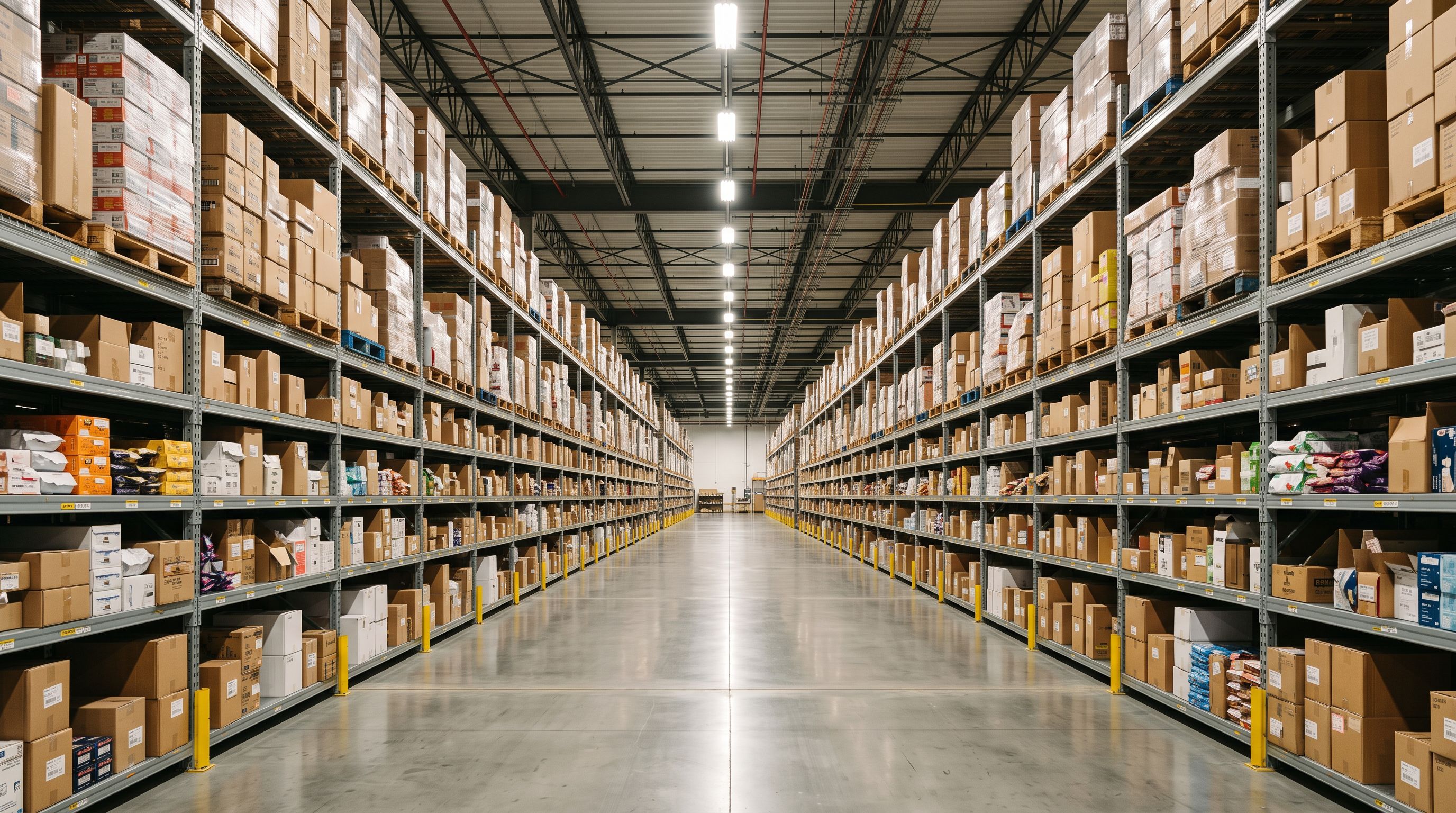 Long warehouse aisle with product boxes filling steel shelves floor to ceiling on both sides