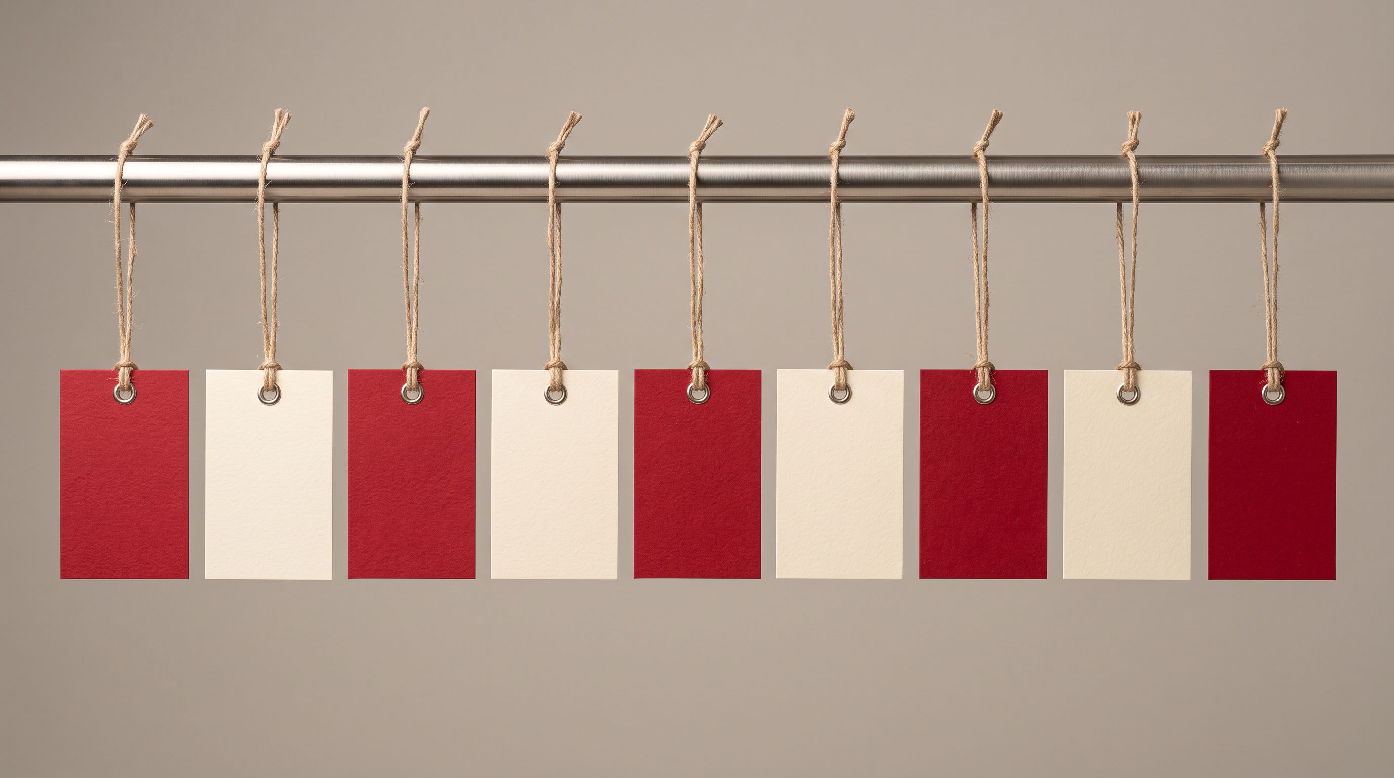 Small retail price tags in alternating red and cream hanging from cords on a polished metal rod against a neutral background