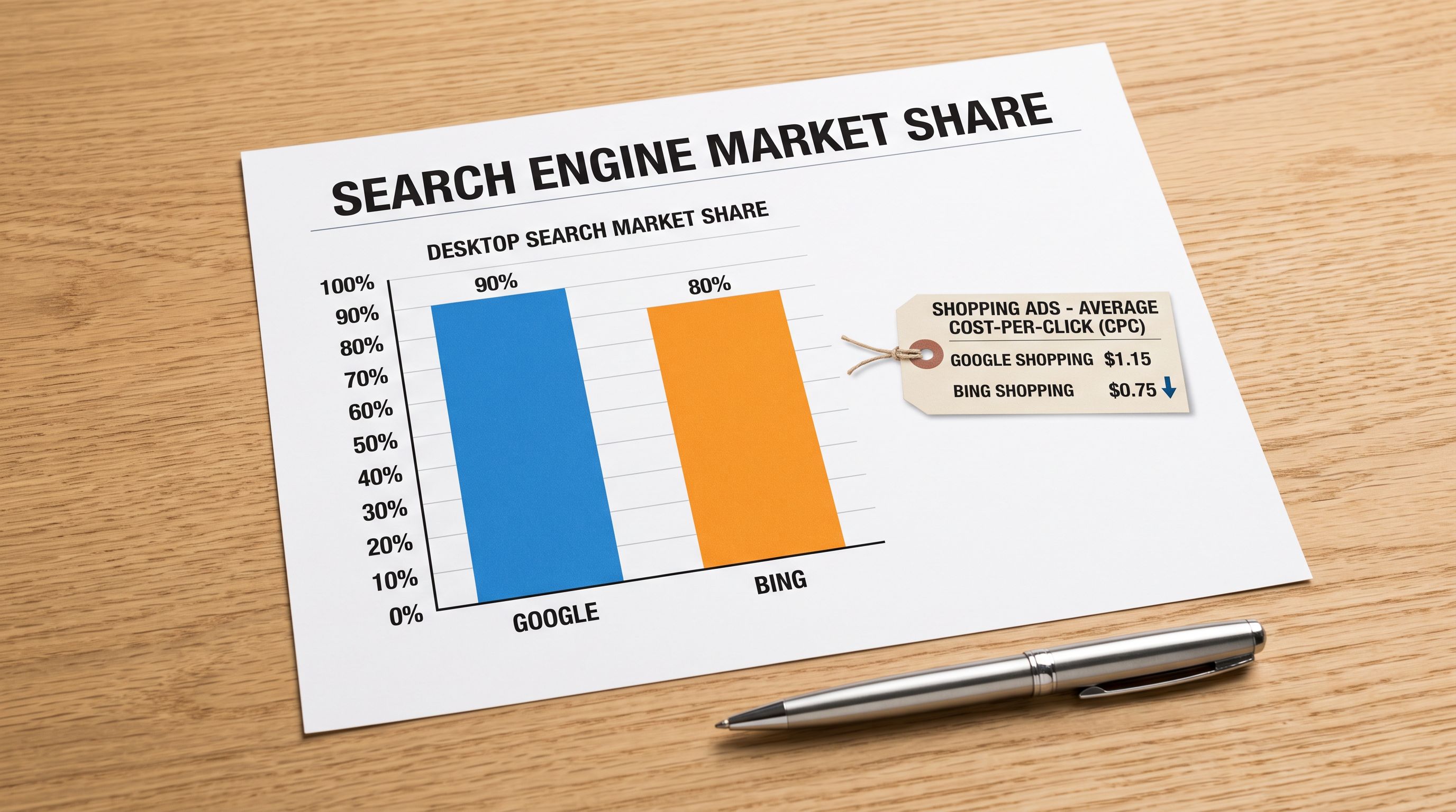 Printed bar chart showing Bing lower cost-per-click advantage versus Google Shopping alongside market share comparison.