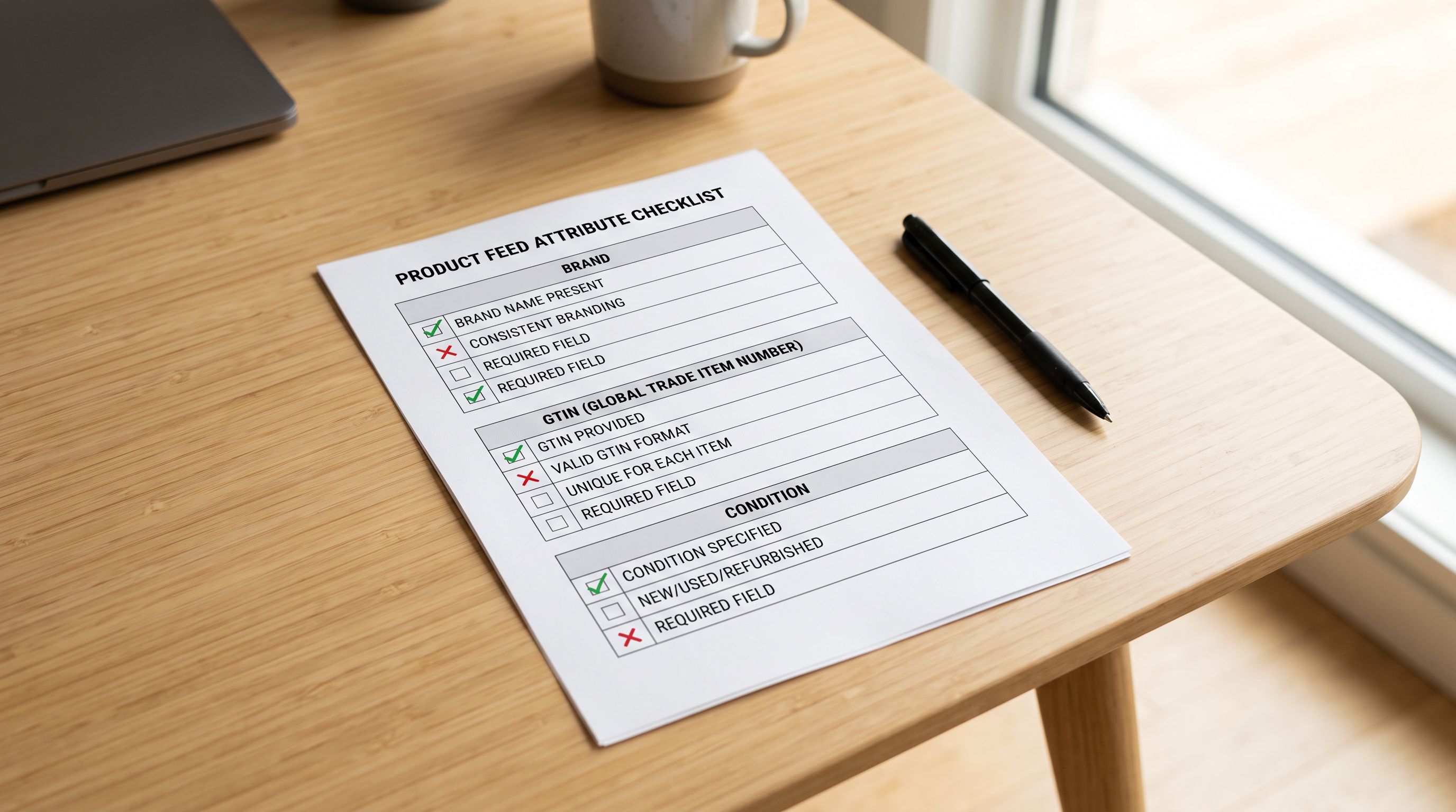 Printed product feed checklist with brand, GTIN, and condition fields showing missing required data marked for correction.