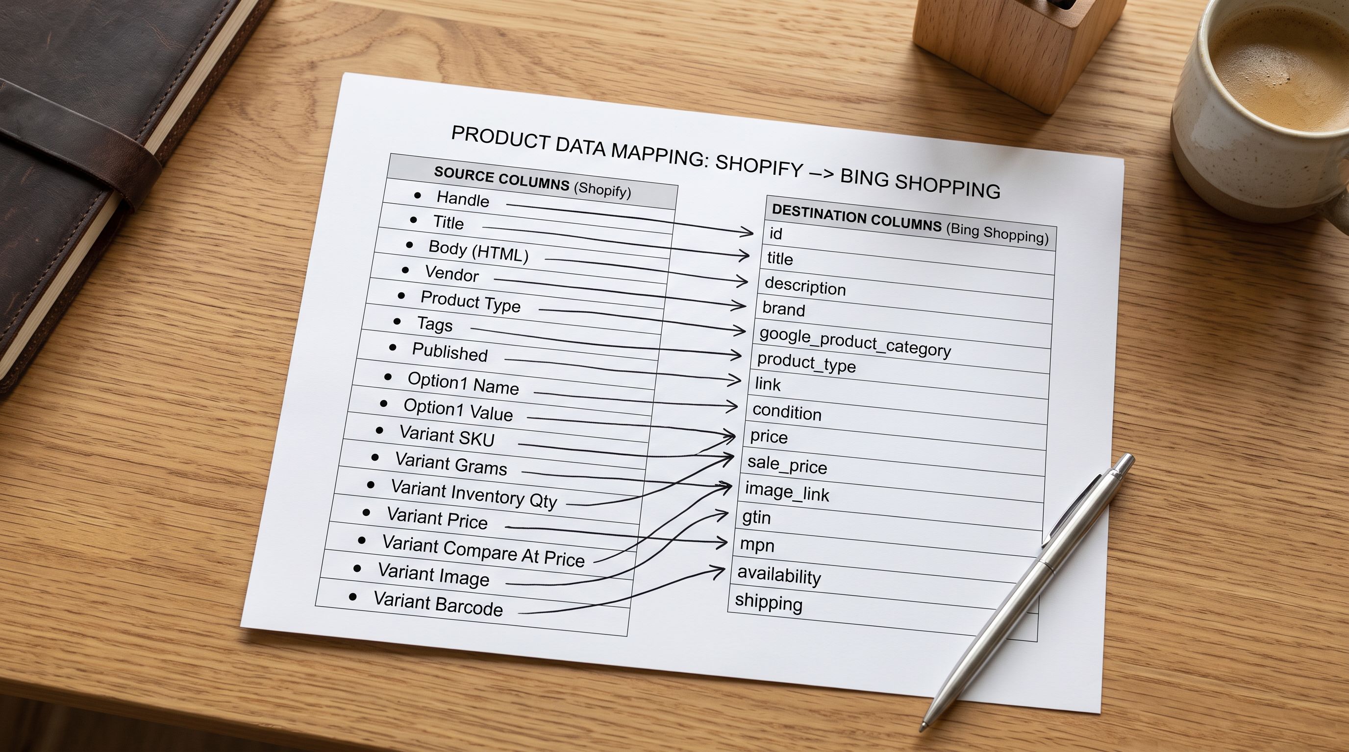 Printed column mapping worksheet connecting Shopify export field names to Microsoft Merchant Centre required feed fields.