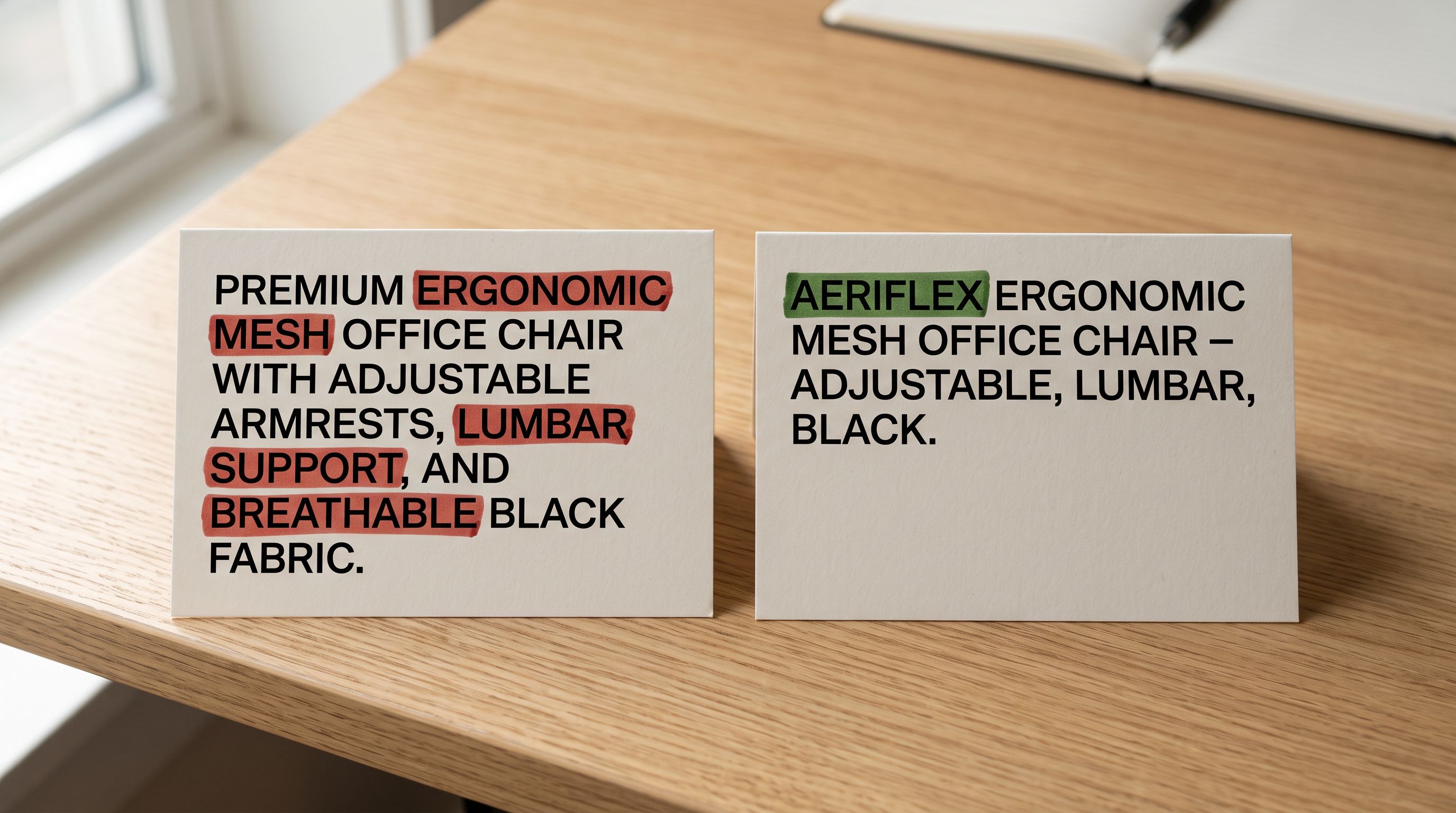 Two printed product title cards comparing an unoptimised title with brand absent against a Bing-optimised brand-first title.