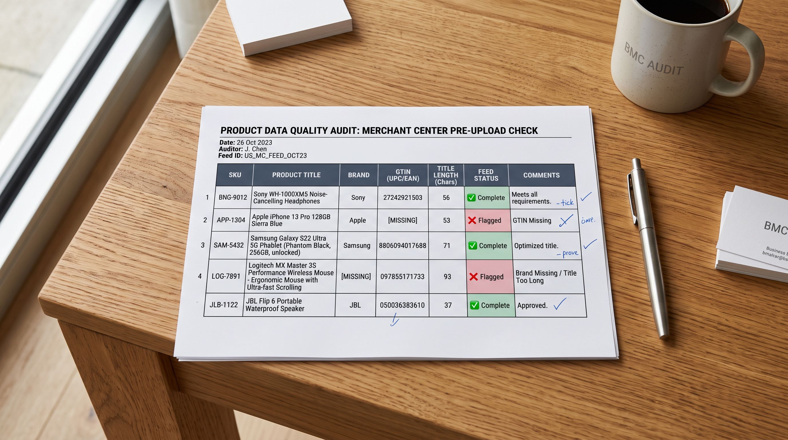 Printed product data quality audit report showing SKU rows with brand, GTIN, and title length columns flagged for correction.