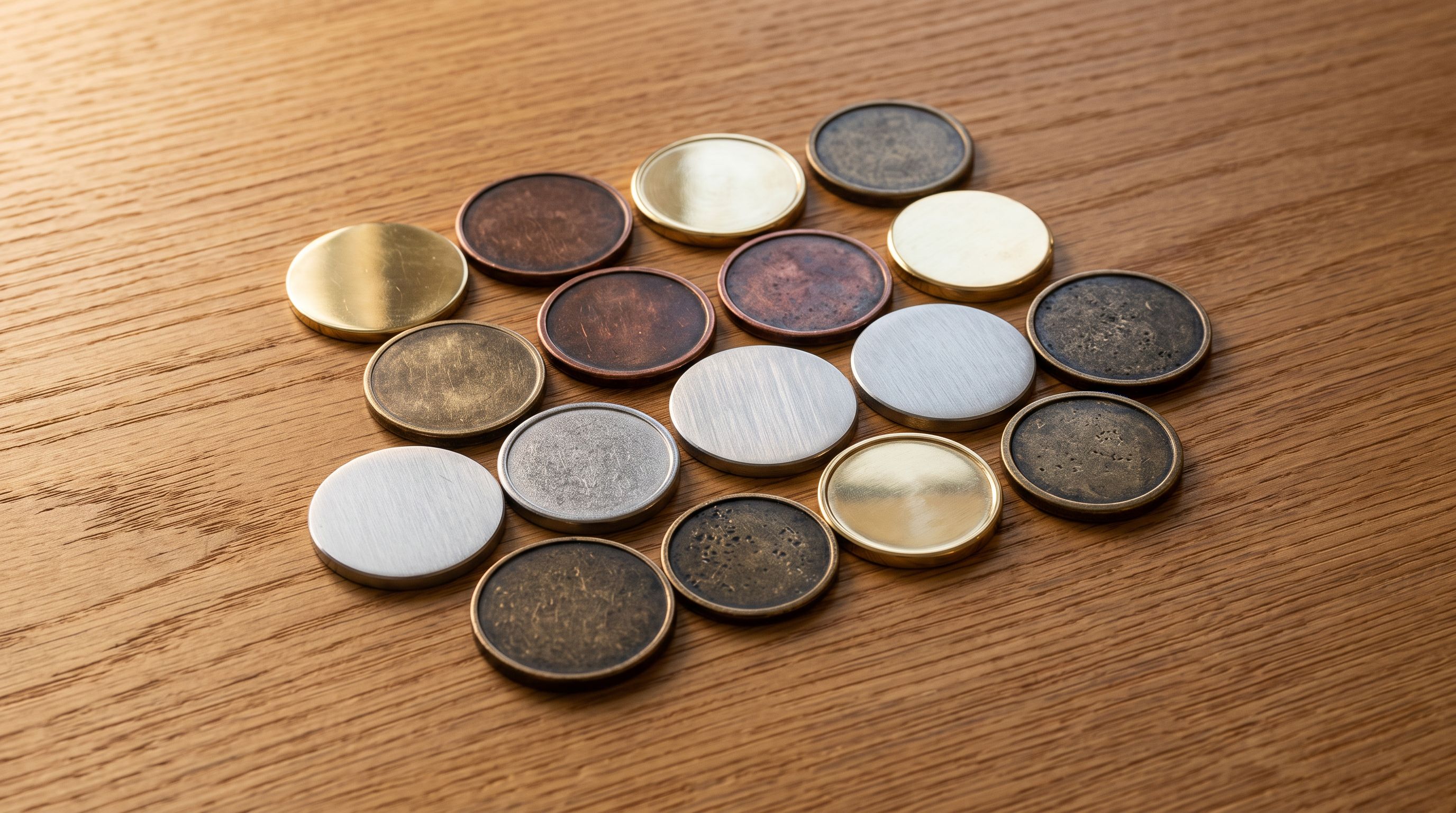 Metallic identification tokens in brass, copper, silver and bronze arranged on a warm oak surface.