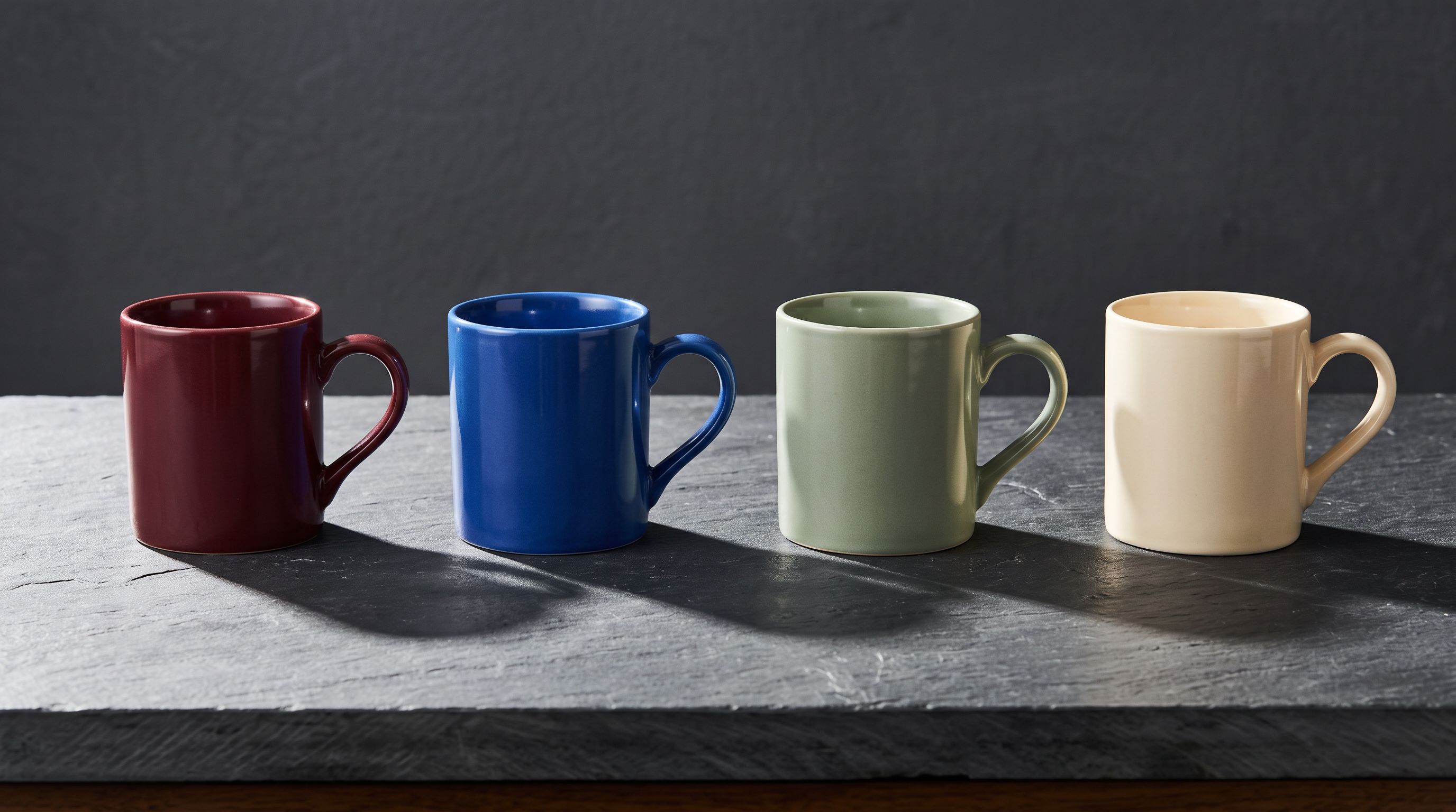 Four ceramic mugs in burgundy, cobalt blue, sage green and ivory lined up on a slate countertop.