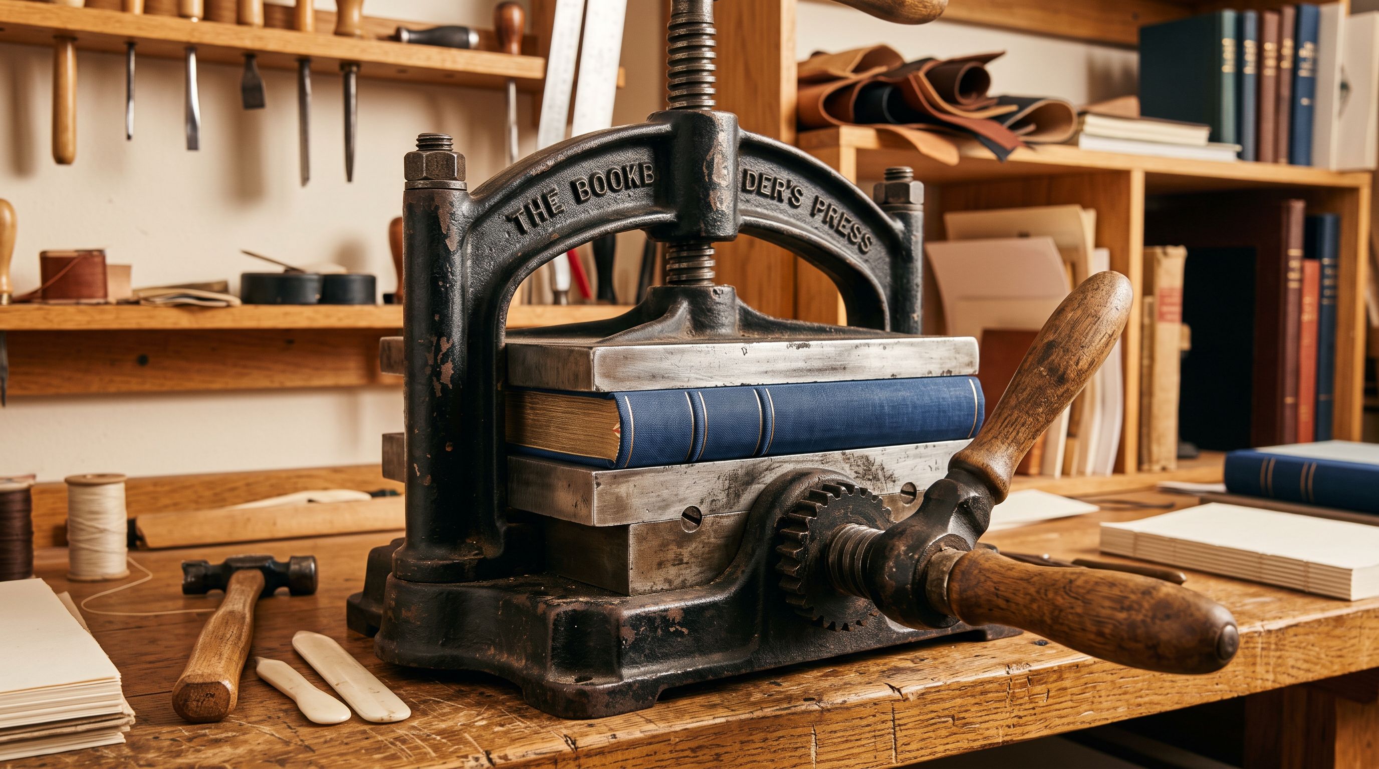 A vintage bookbinding press clamping the spine of a hardback book in a warm workshop setting.