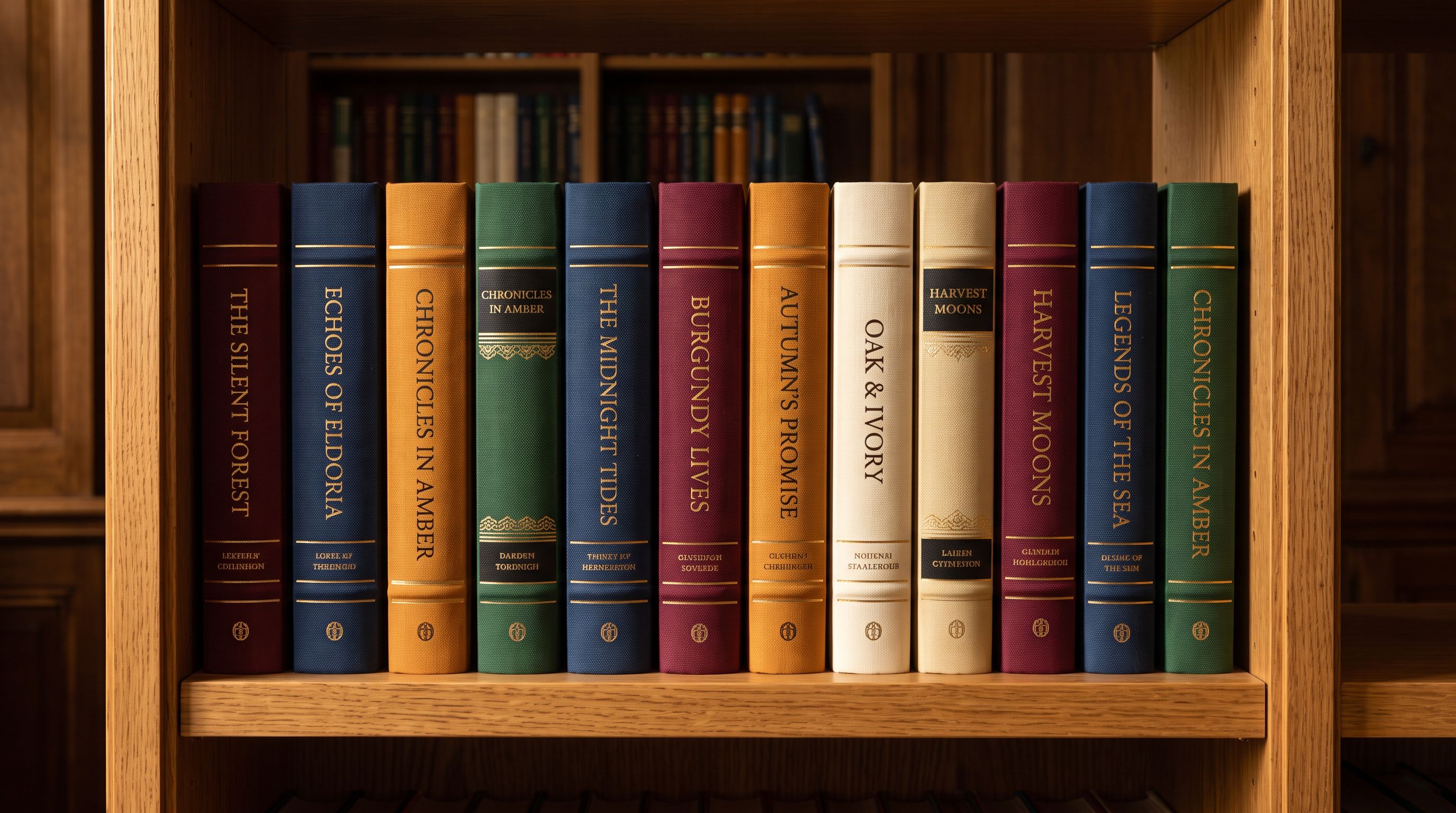 A row of colourful cloth-bound hardback books displayed spine-out on an oak shelf, jewel-toned bindings in warm studio lighting.